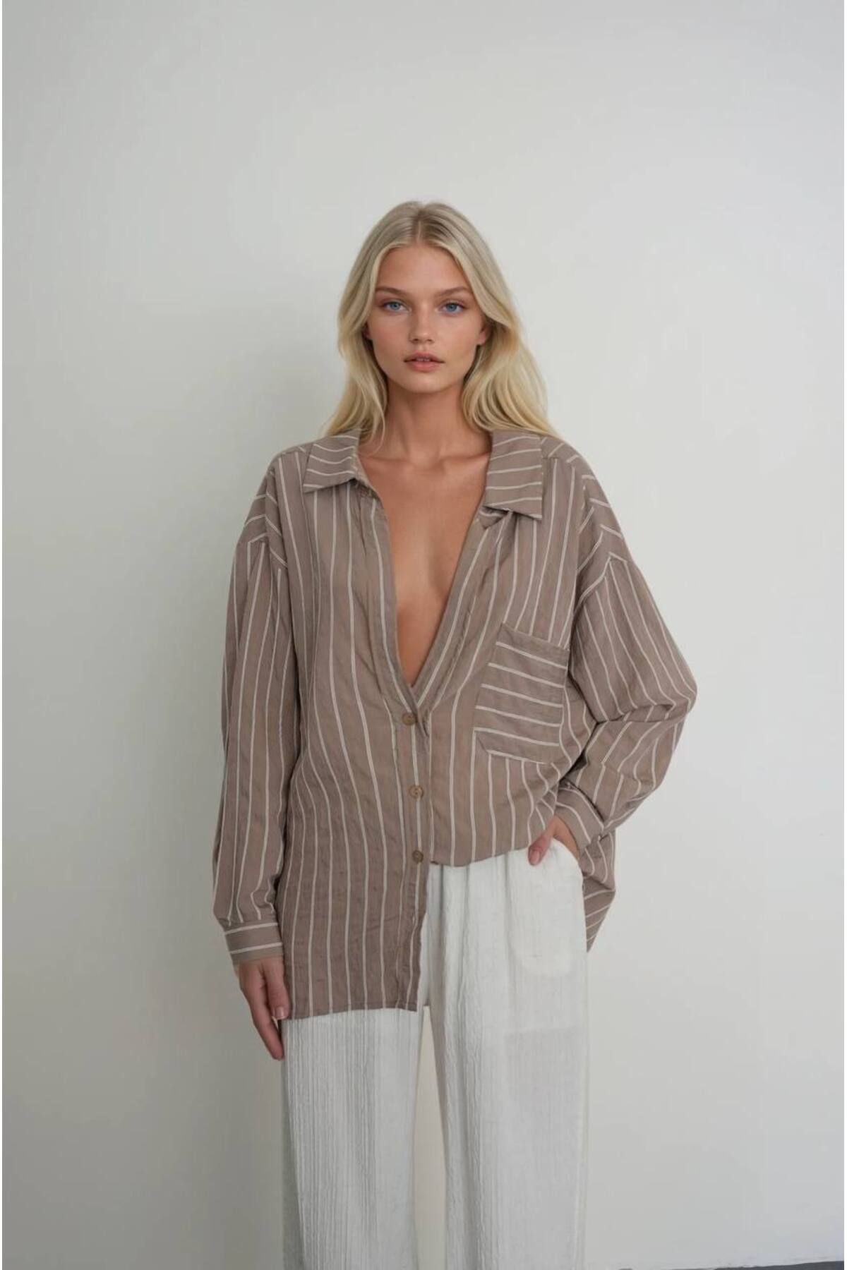 Bisou Çizgili oversize gömlek