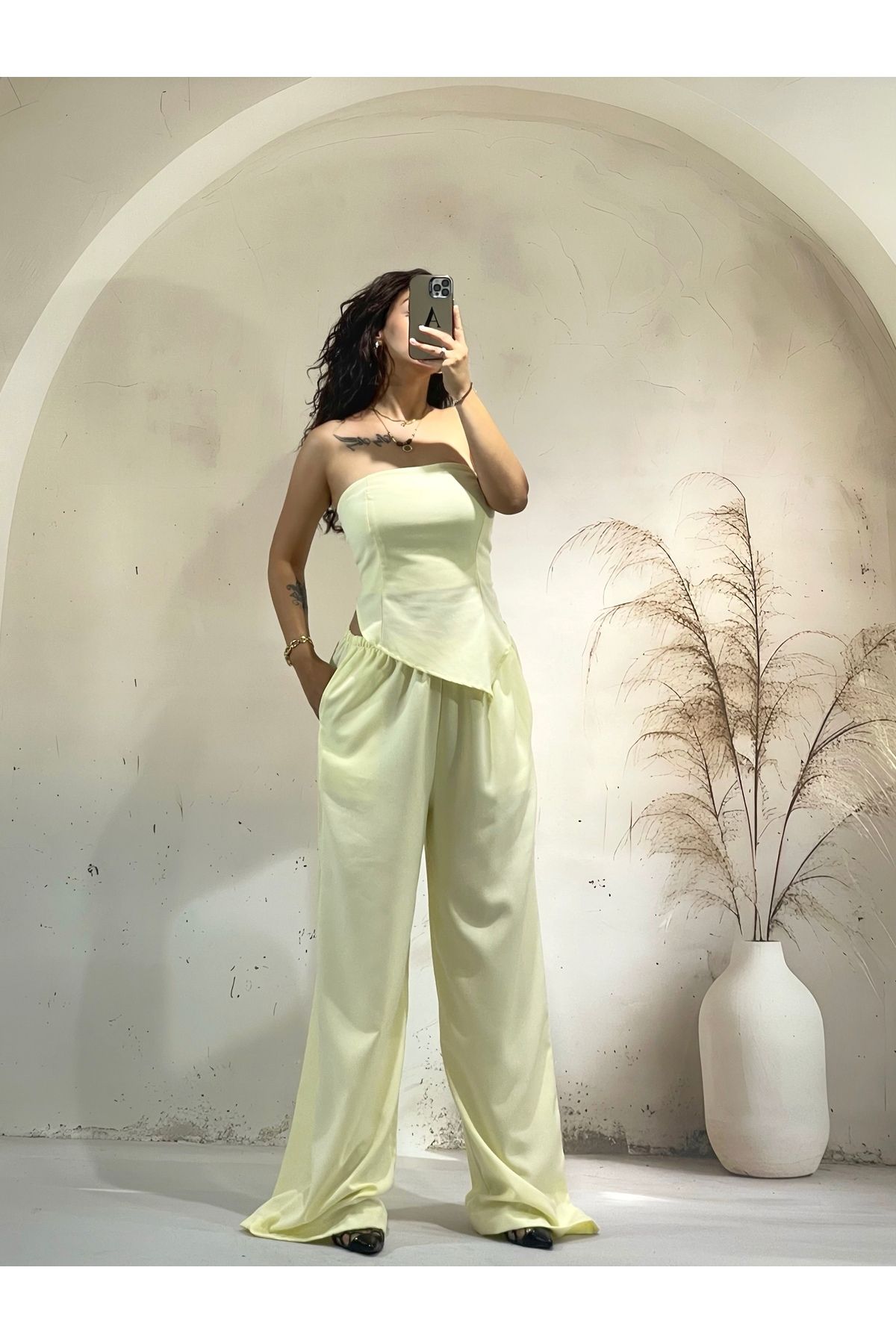 LOI Butik Sarı straplez ikili takım