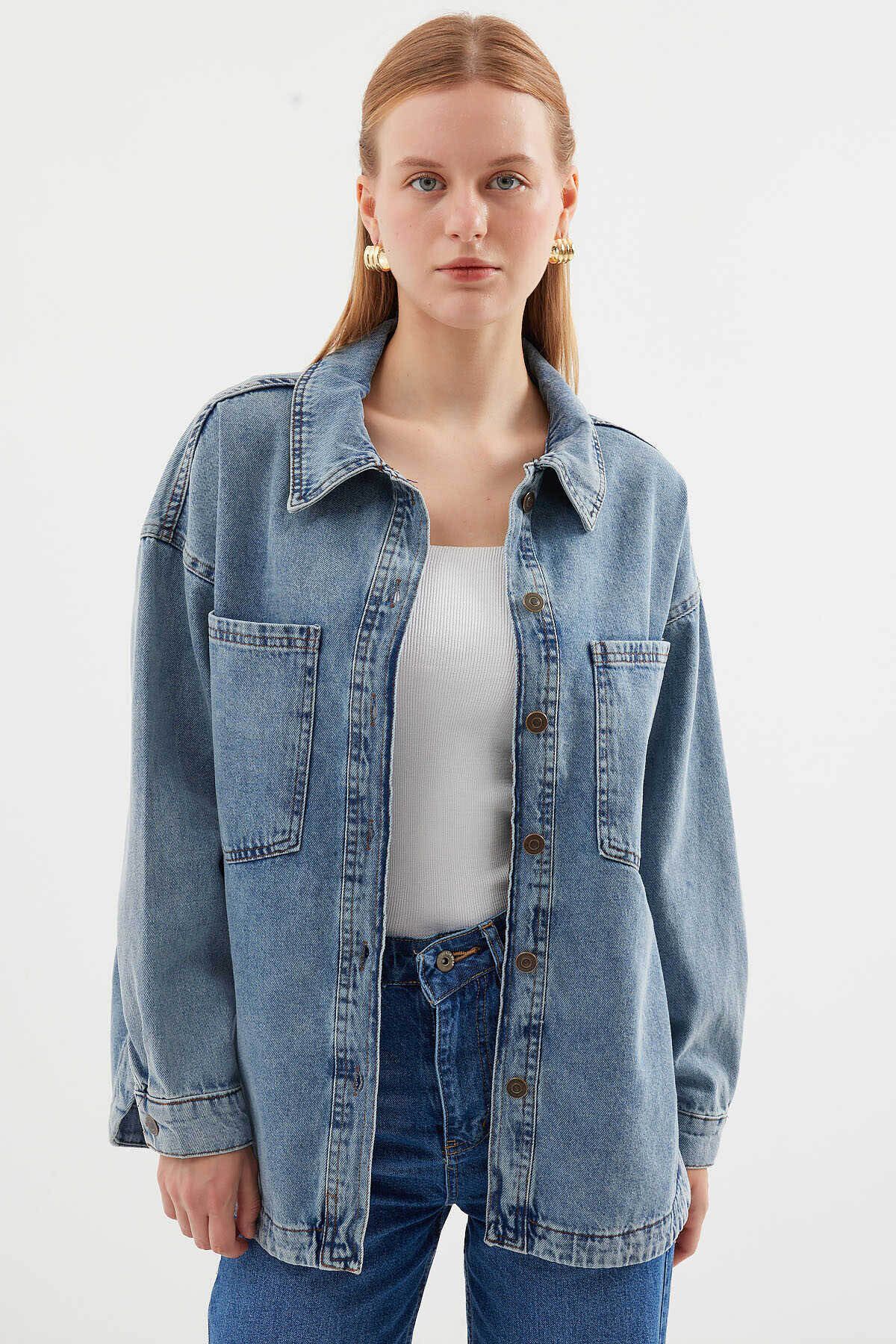 Bigdart Oversize Denim Buz Mavisi Kadın Ceket 0694