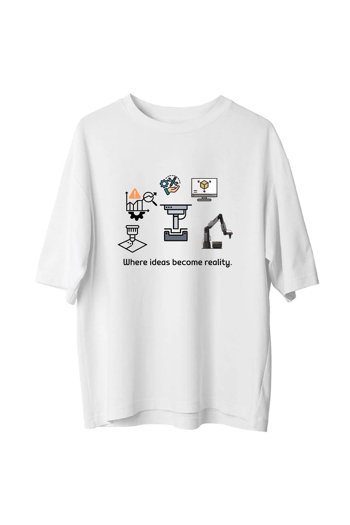 VMGA Üretim ve Mühendislik Temalı T-Shirt – Where Ideas Become Reality Yazılı Teknik Tasarım