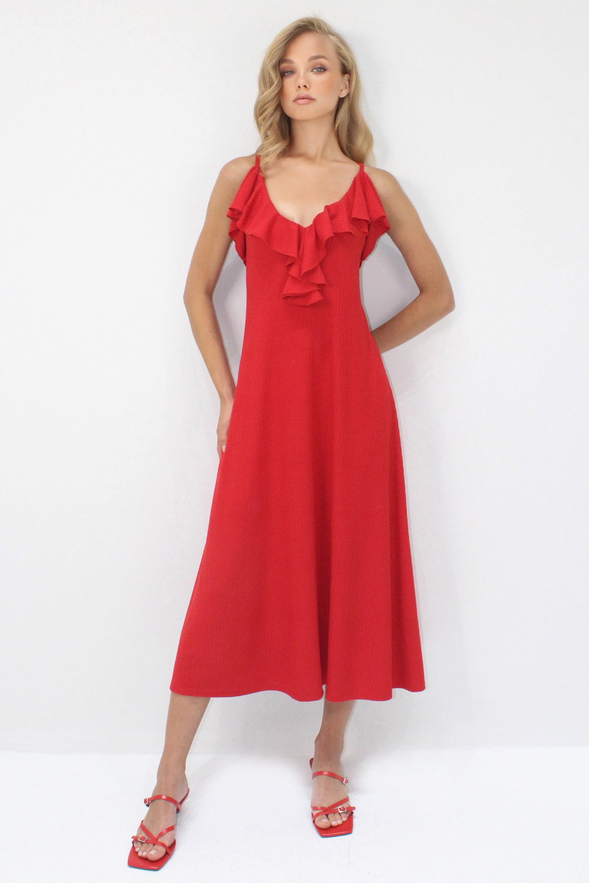 Trend Alaçatı Stili Women's Red Collar Flounced Strap Midi Length Dress Alc-X14239