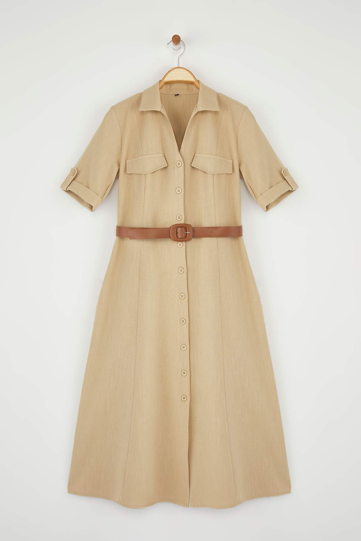 Trendyolmilla  Vizon Kemerli Düz Cep Detaylı Midi Dokuma Elbise TWOSS25EL00704 - Görsel 5