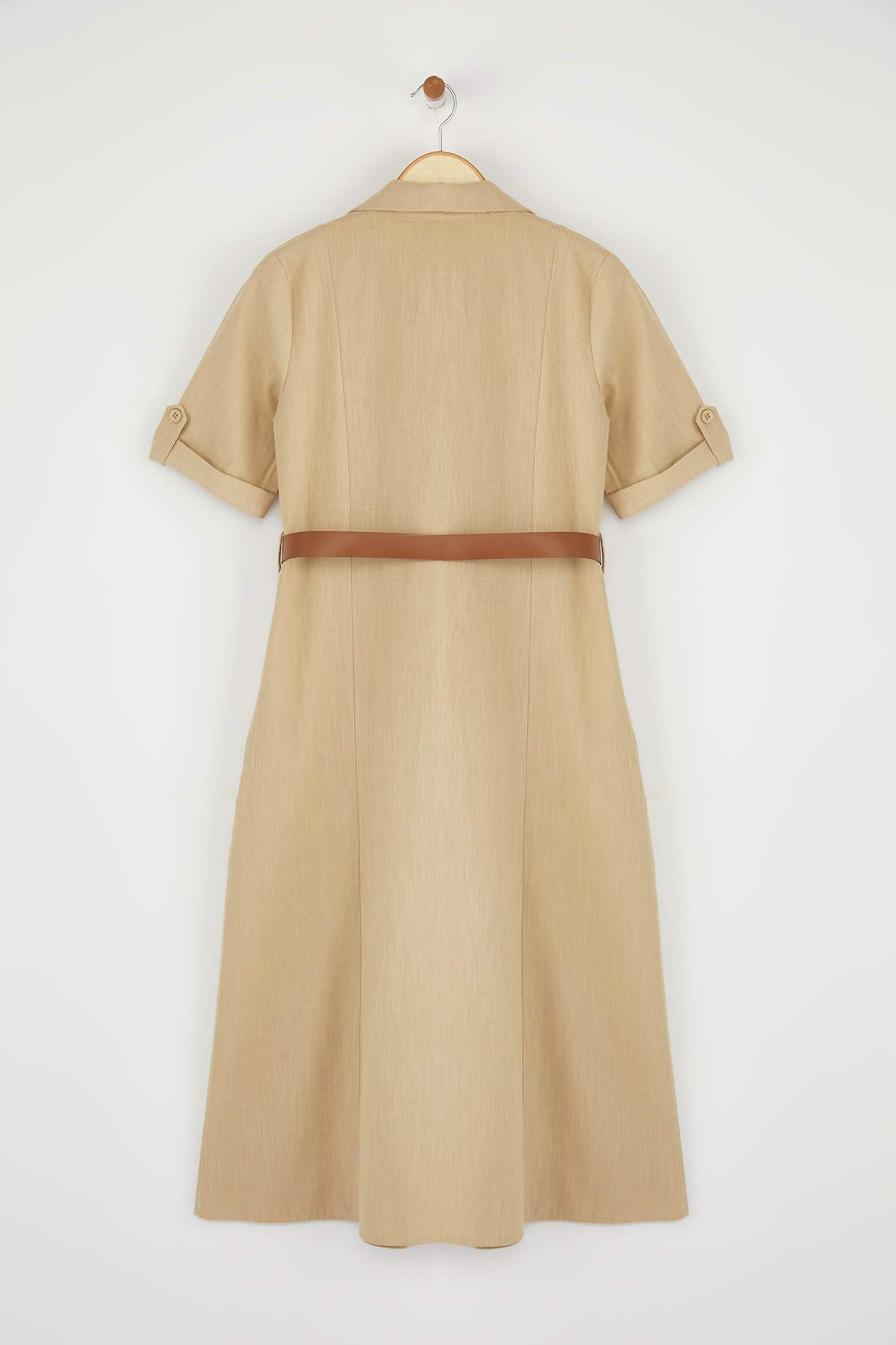 Trendyolmilla  Vizon Kemerli Düz Cep Detaylı Midi Dokuma Elbise TWOSS25EL00704 - Görsel 8