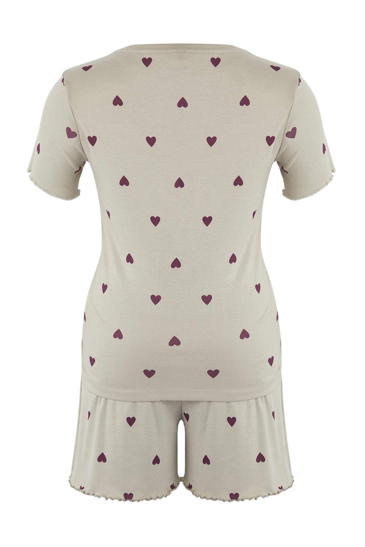 Trendyol Curve-Mint Heart Slogan Tištěné elastické šortky Pletené pyžamo Set TBBSS25AI00162 9