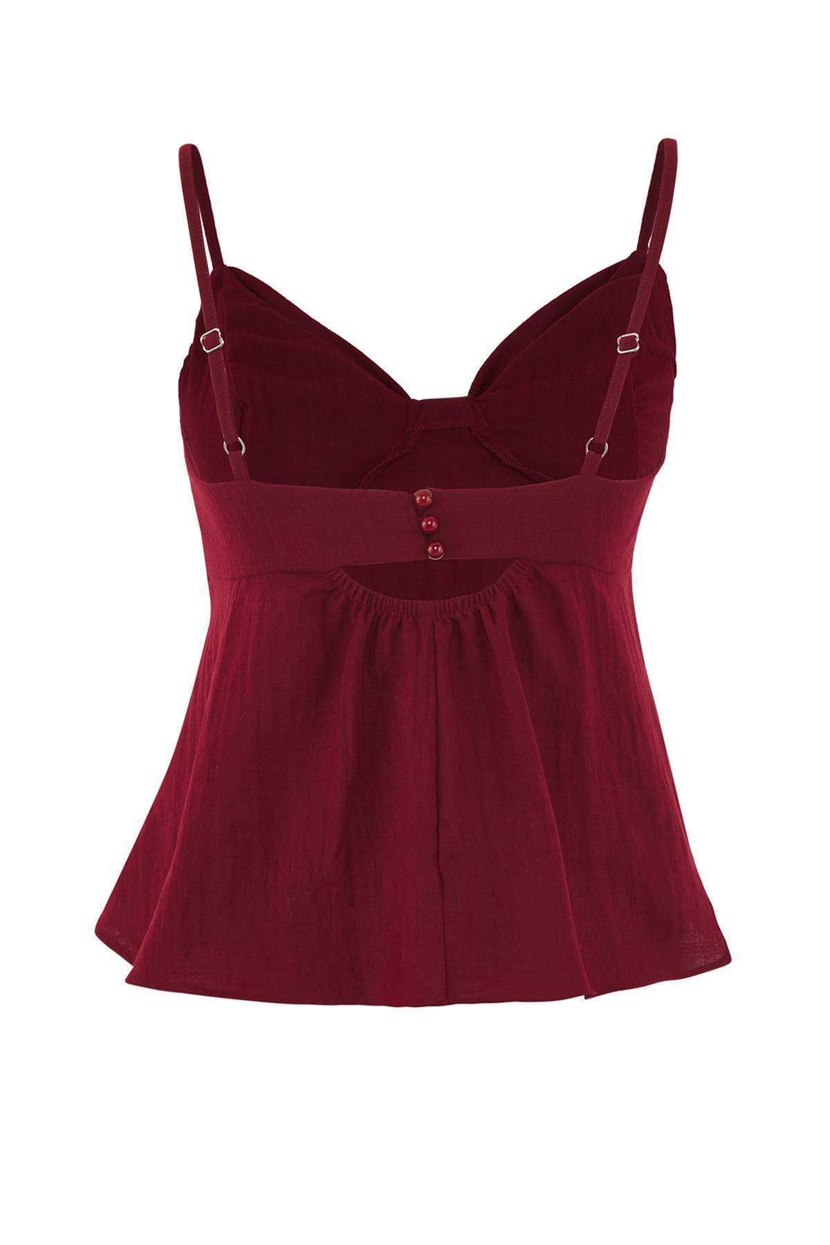 Trendyolmilla  Koyu Kırmızı Keten Görünümlü Fiyonk Detaylı Askılı Dokuma Bluz TWOSS25BZ00249 - Görsel 6