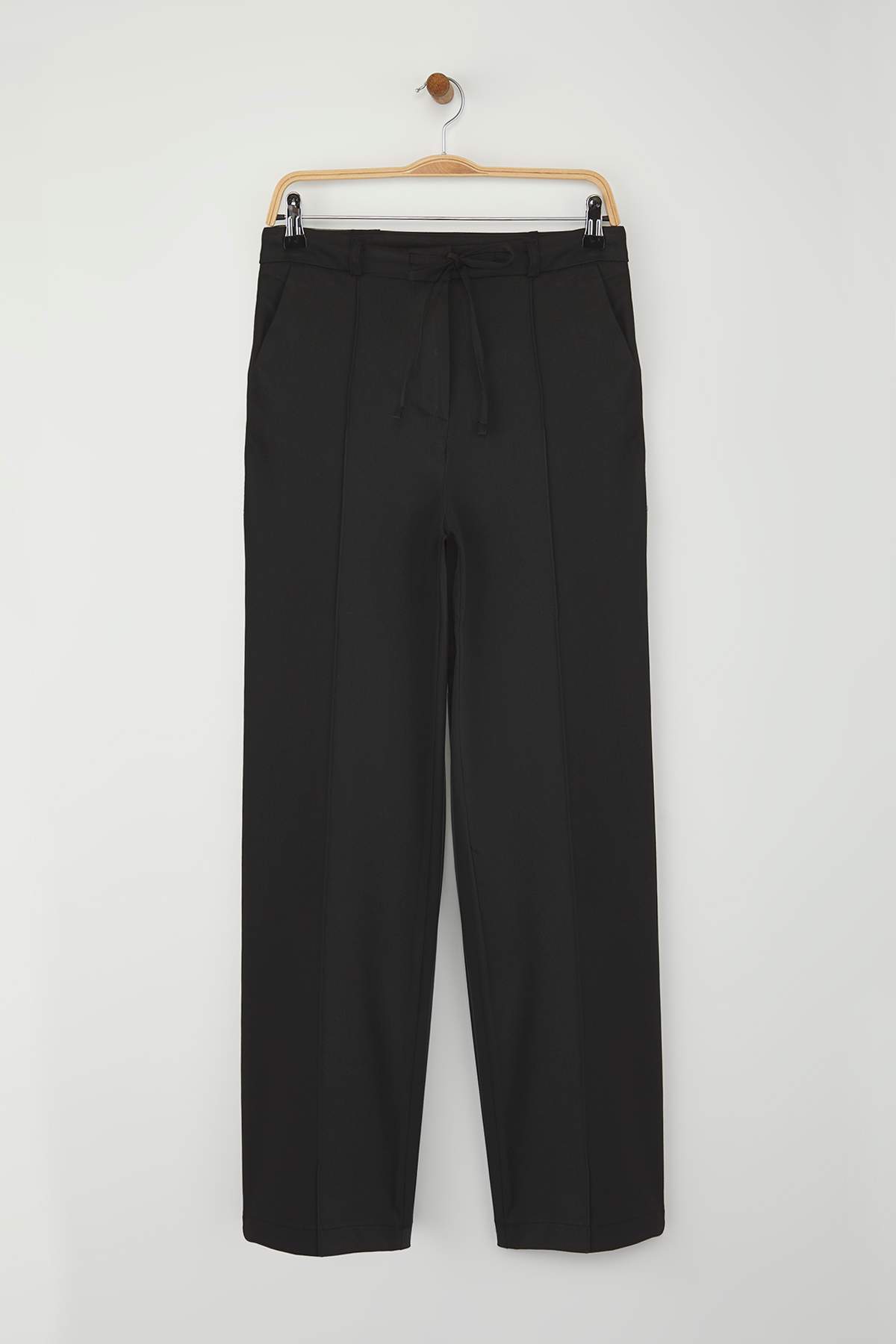 Trendyolmilla  Wardrobe Essentials Siyah Bağcıklı Kışlık Tuşeli Rahat Kumaş Geniş Paça Pantolon | TWOAW26PL00012 - Görsel 7