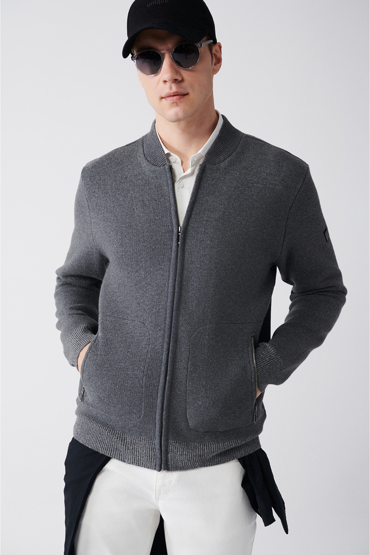 Avva-Men's Anthracite Bomber Collar Zippered Cardigan A31Y6060 3