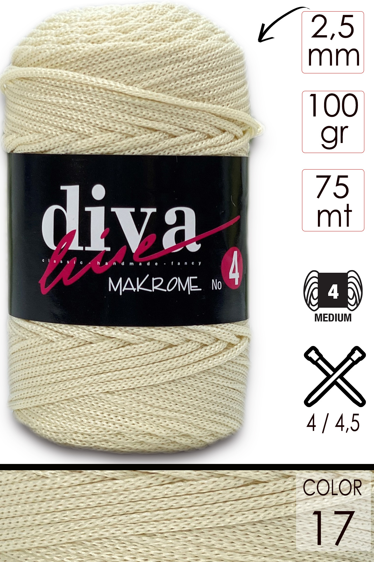 Diva İplik-Diva Line Diva Macrame Thread Thick (NO:4) 17 Cream 1