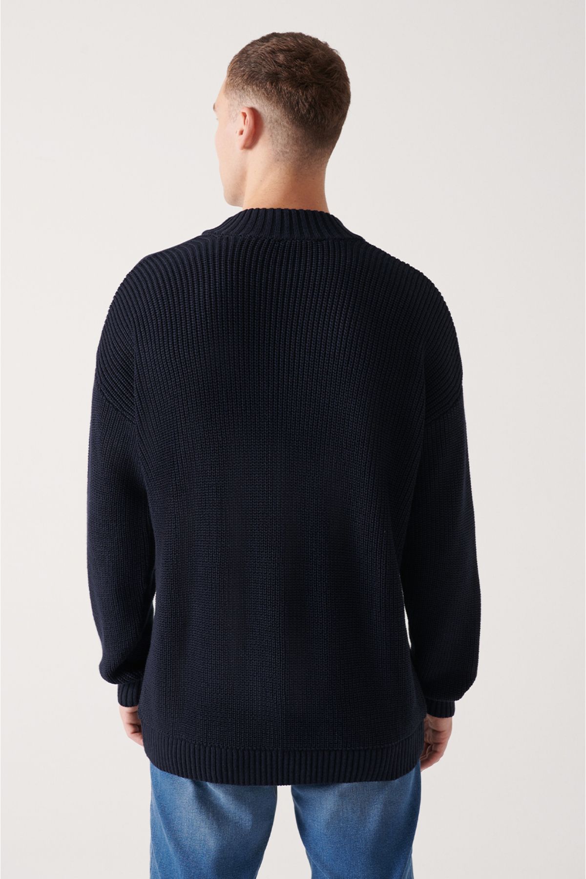 Avva-Ανδρικό πουλόβερ με λαιμόκοψη Navy Blue Crew, βαμβακερό, φαρδύ πλεκτό A22y5007 4