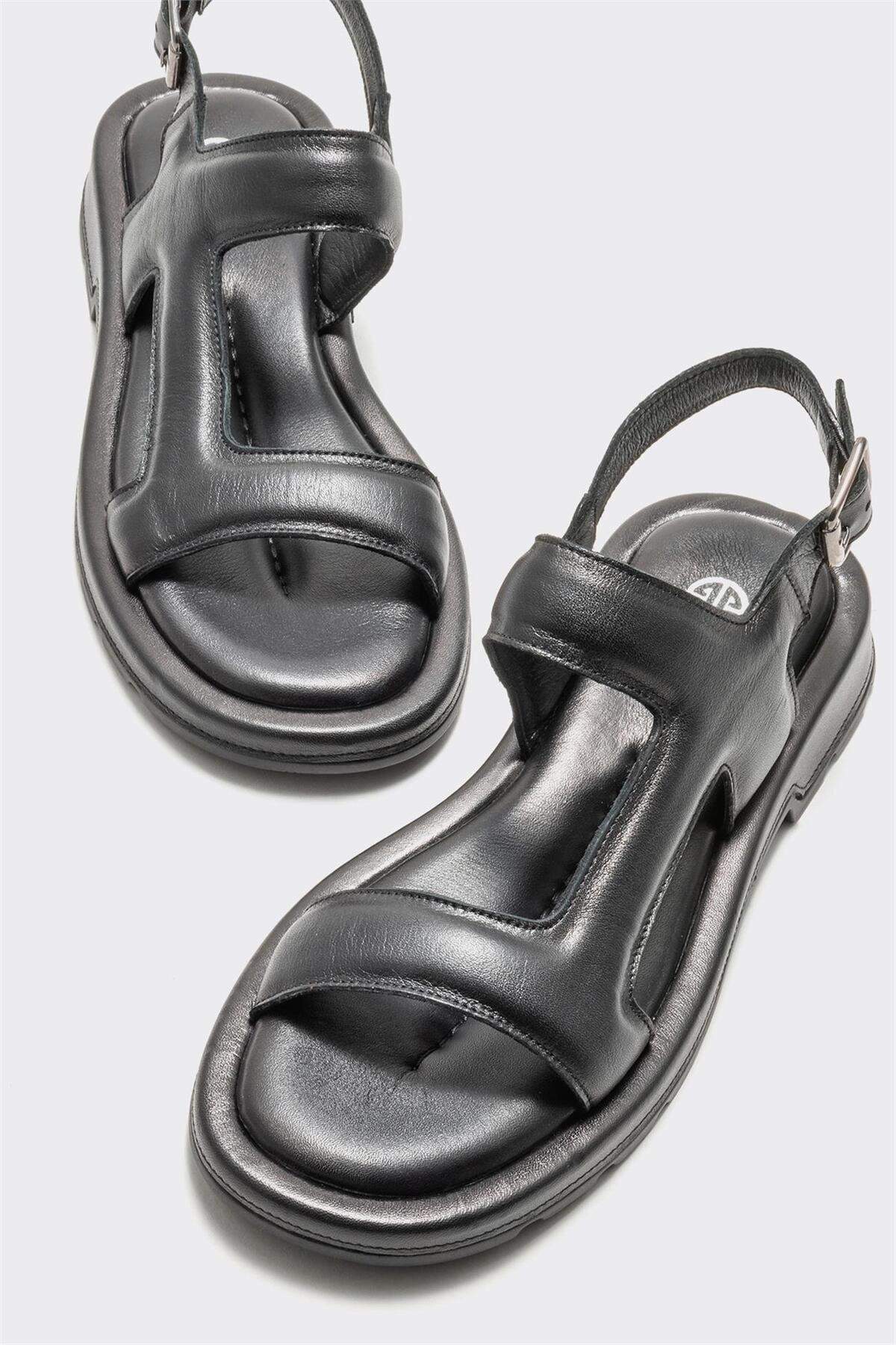 Elle  Siyah Deri Kadın Düz Sandalet - Görsel 3