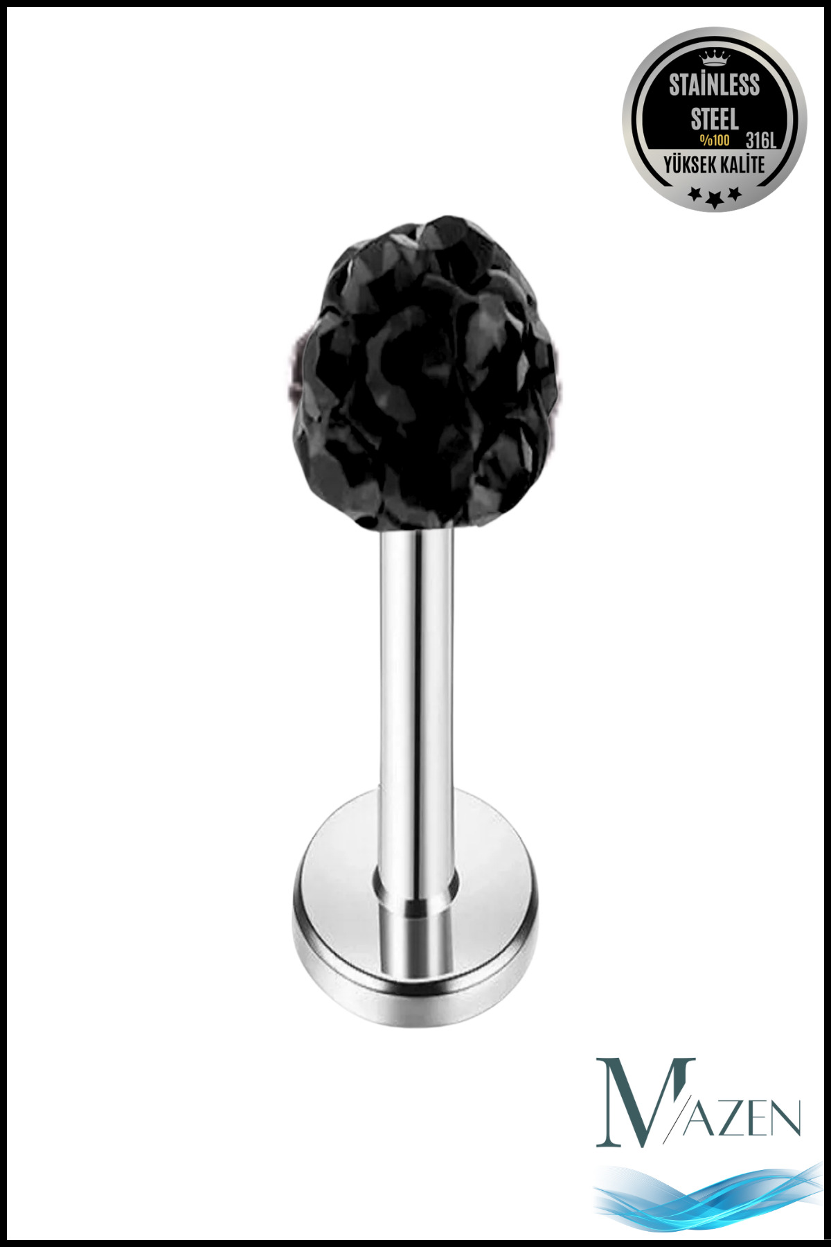 Zircon Piercing | 8 Mm Black | Unsharpened Steel | Cartilage Tragus Lip | Single Ball