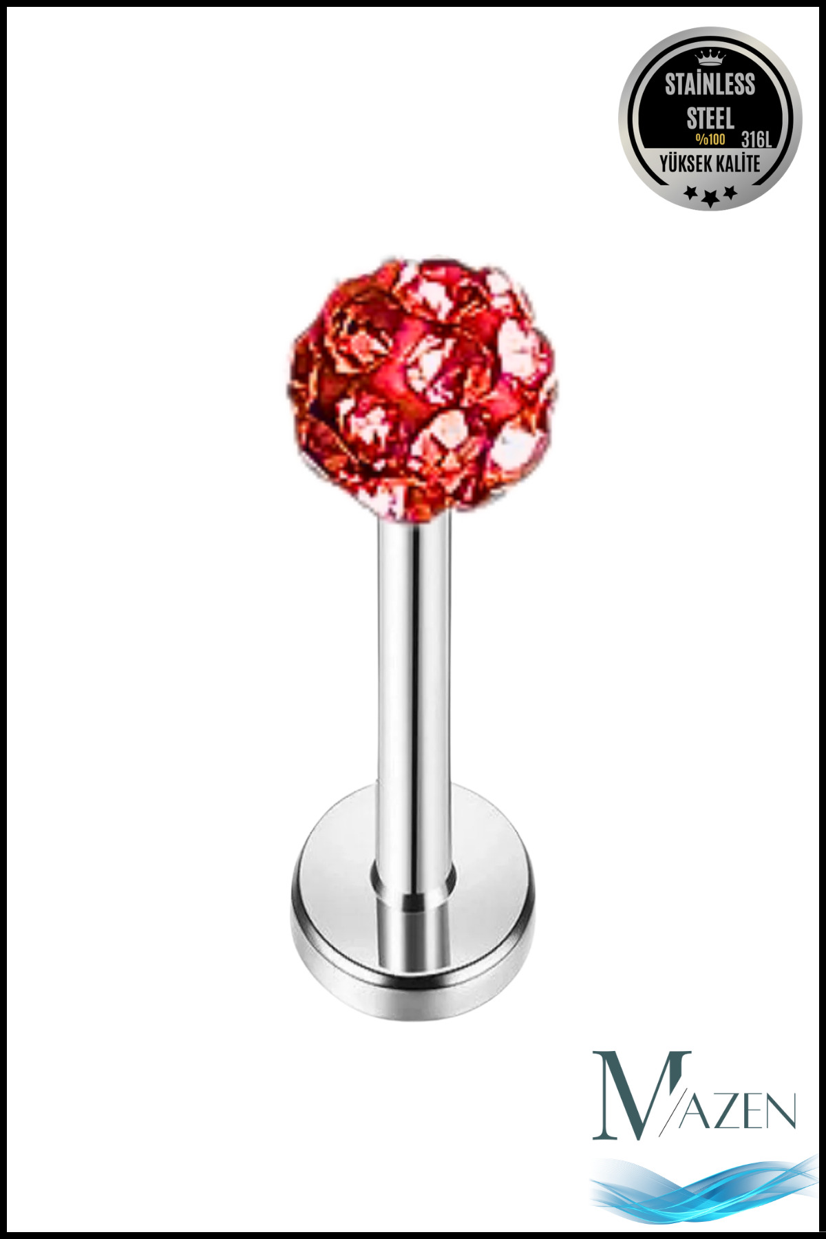 Zircon Piercing | 8 Mm Red | Blackout Steel | Cartilage Tragus Lip | Single Ball
