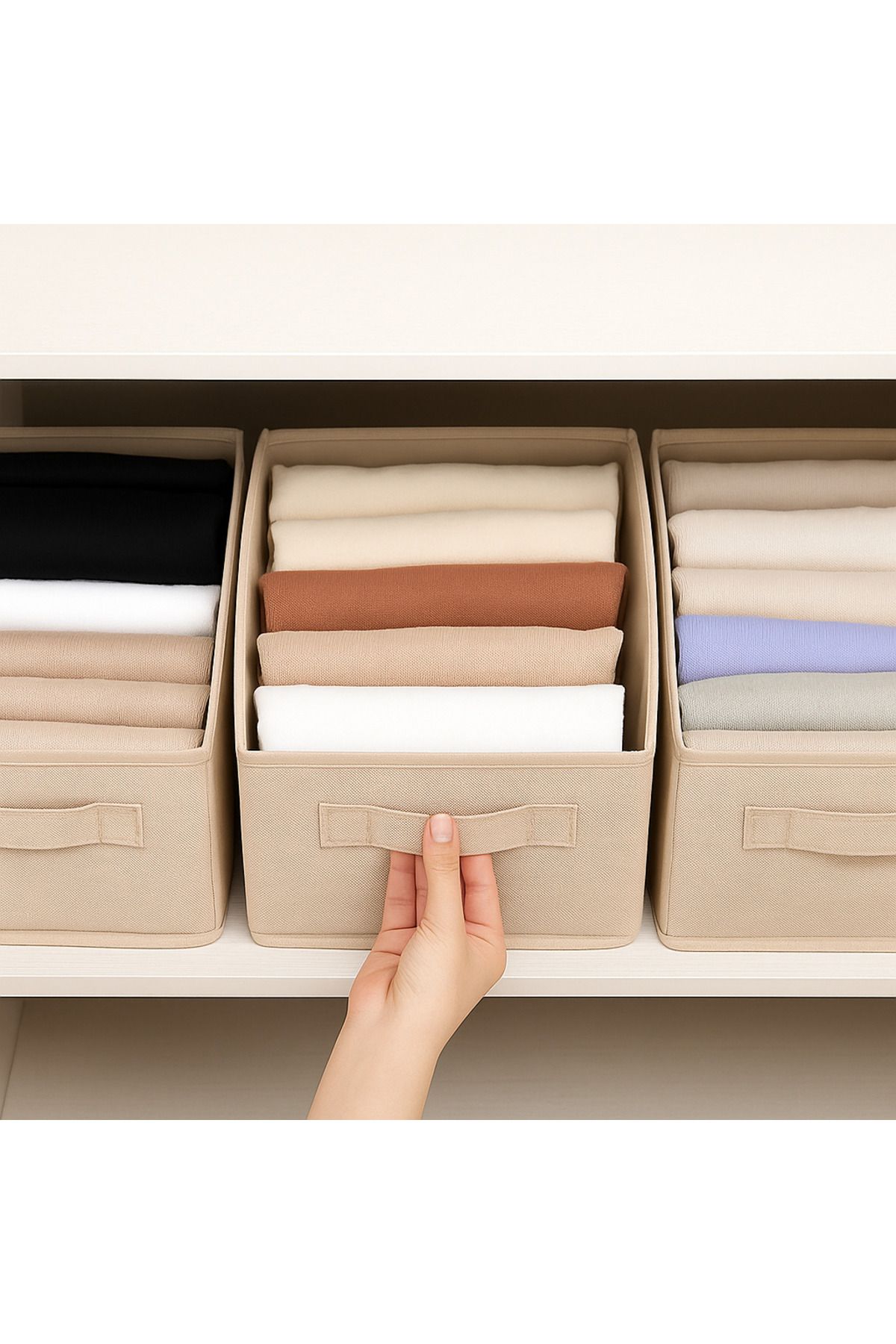 ON-ARS TEKSTİL Bej Dolap İçi Düzenleyici Gardrop Düzenleyici Katlanabilir Kıyafet Saklama Kutusu Organizer 45x25x20