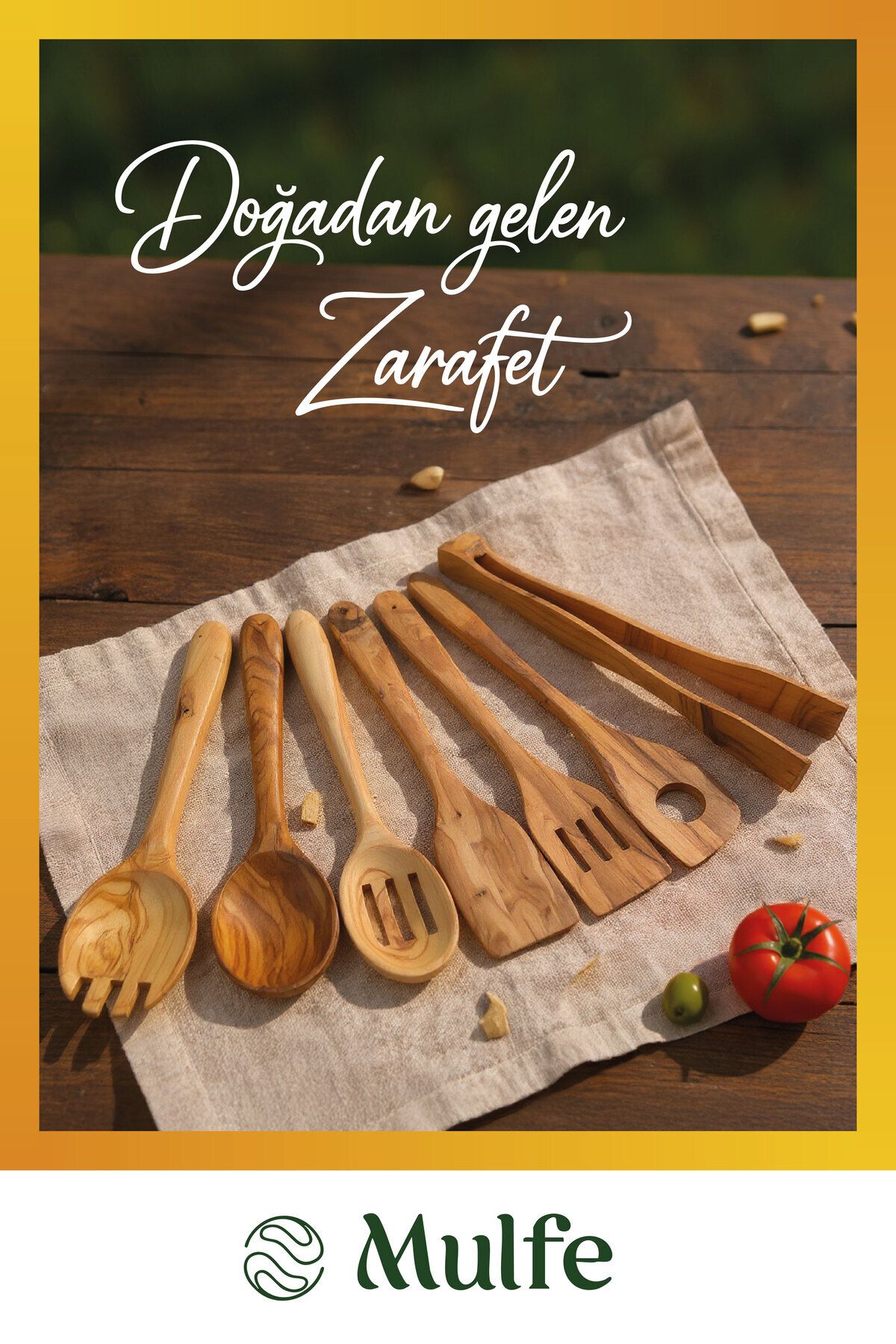 Mulfe 7 Parça Hakiki Zeytin Ağacı Mutfak Servis Seti | Kaşık Spatula Maşa Takımı