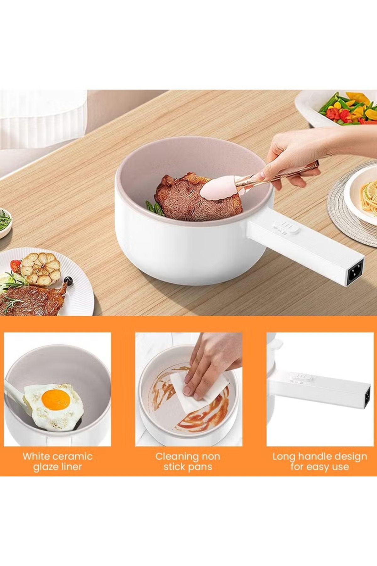 Denx-Electric Heating Pot 2L with Steamer and Temperature Control, Non-Stick Cooker, Electric Frying Pan, 4