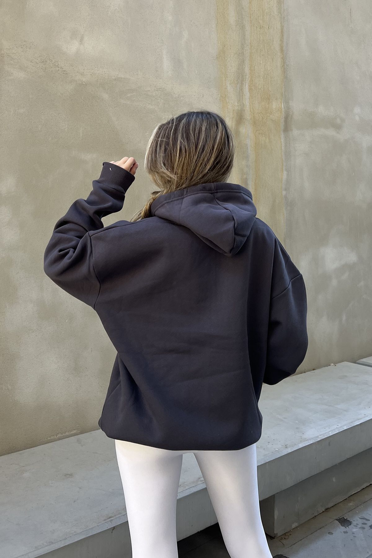 la & vetta Antrasit Kapüşonlu Oversize Fermuarlı Şardonlu Sweatshirt görsel 6