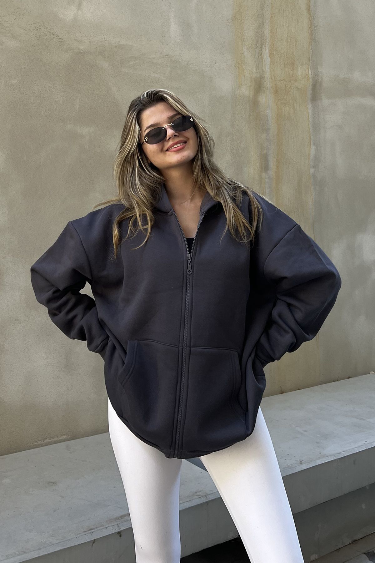 la & vetta Antrasit Kapüşonlu Oversize Fermuarlı Şardonlu Sweatshirt görsel 3