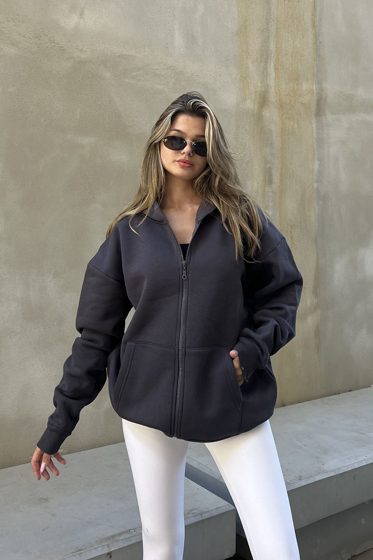 la & vetta Antrasit Kapüşonlu Oversize Fermuarlı Şardonlu Sweatshirt görsel 2