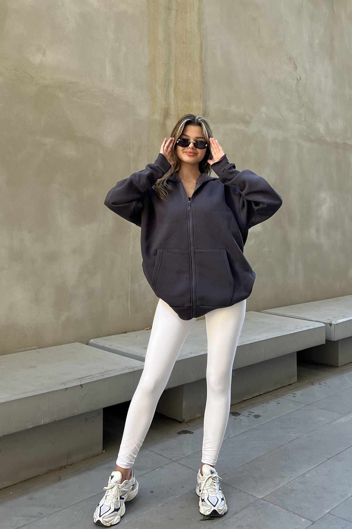 la & vetta Antrasit Kapüşonlu Oversize Fermuarlı Şardonlu Sweatshirt görsel 7