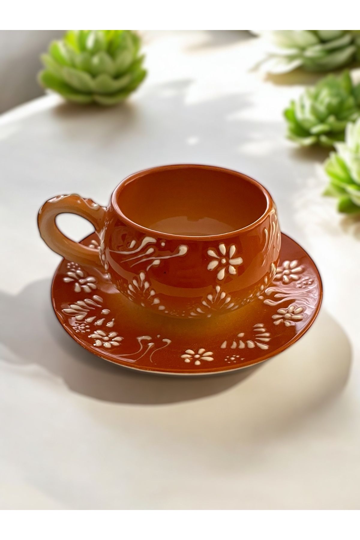 Artistic Quality Dekoratif Şık Tasarım Tamamen El Yapımı Kahverengi 1 Kişilik Kahve Fincanı