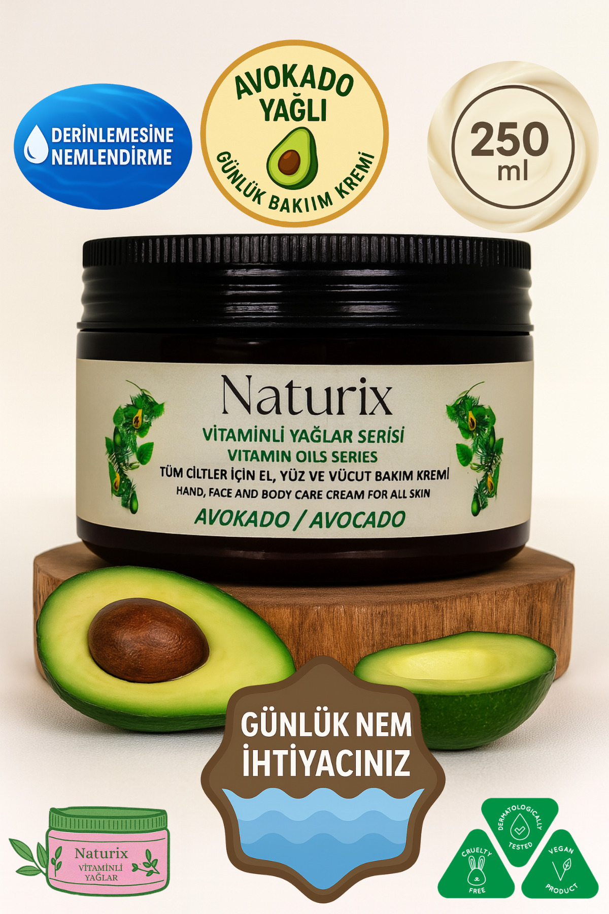 Naturix Avokado Özlü El, Yüz Ve Vücut Bakım Kremi 250 ml | Vitaminli Yağlar Serisi - Yoğun Nem Terapisi