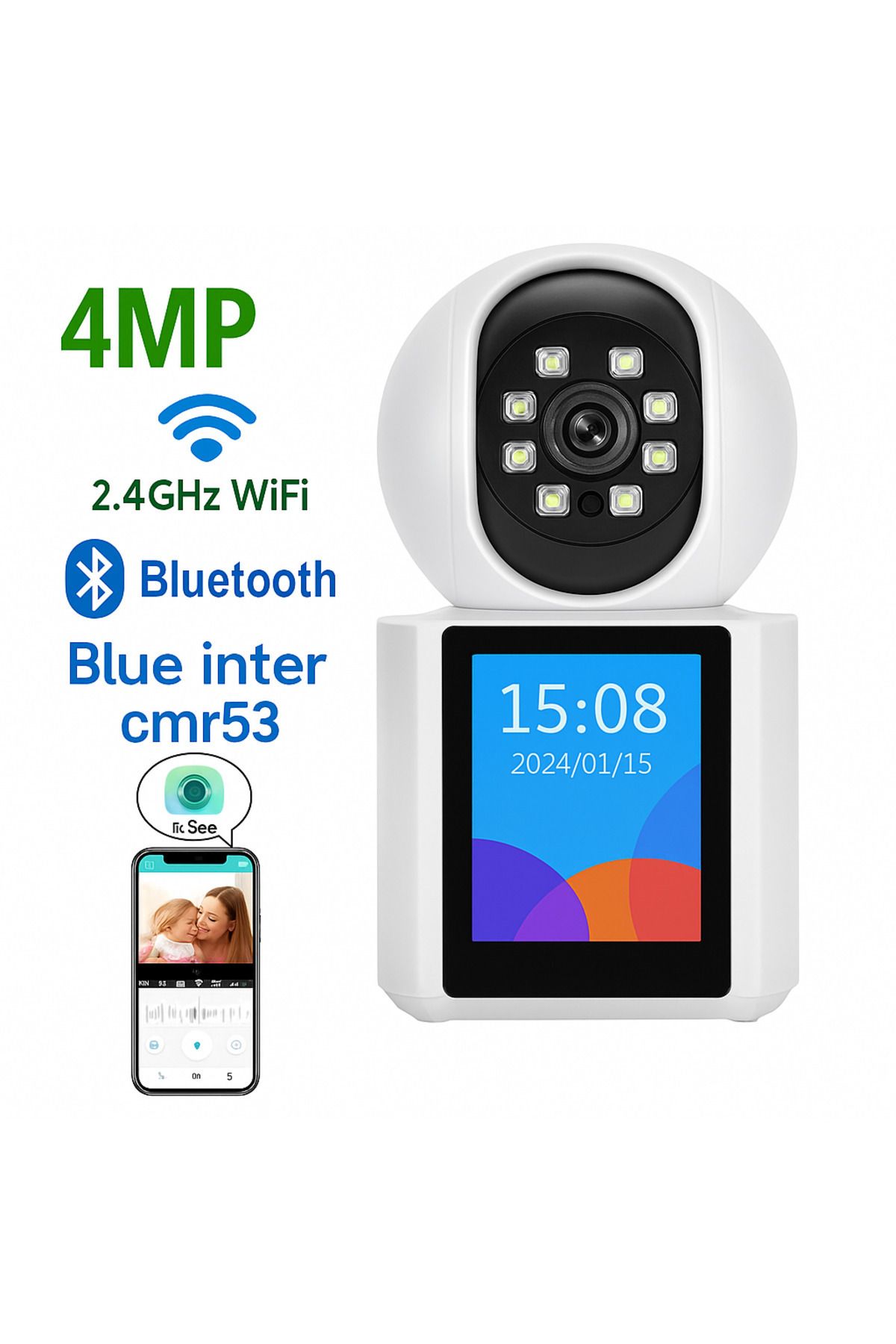BLUE İNTER Blue Inter CMR53 – Akıllı Ev Kamerası | 2.4GHz WiFi, Mobil Uyumlu, LCD Ekranlı