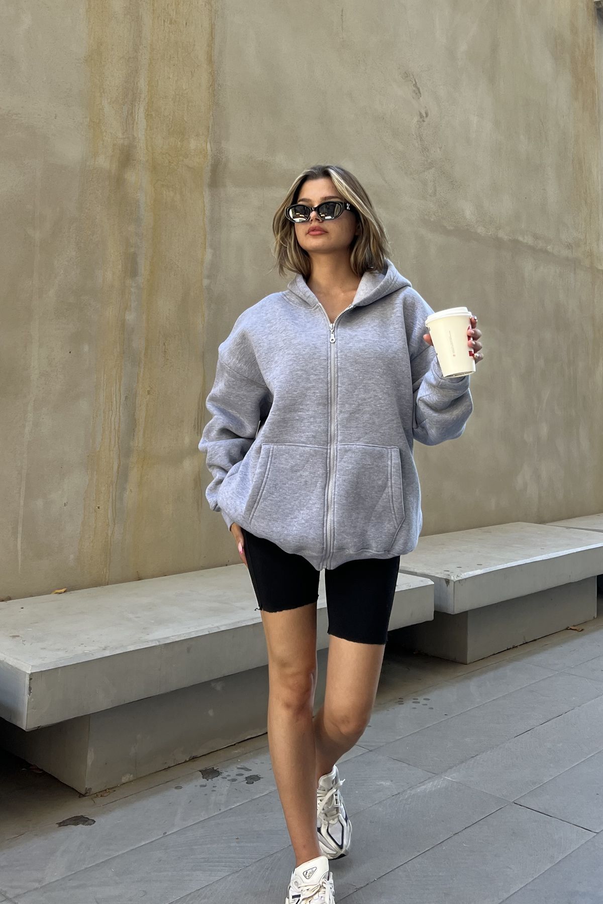 la & vetta  Gri Kapüşonlu Oversize Fermuarlı Şardonlu Sweatshirt - Görsel 7