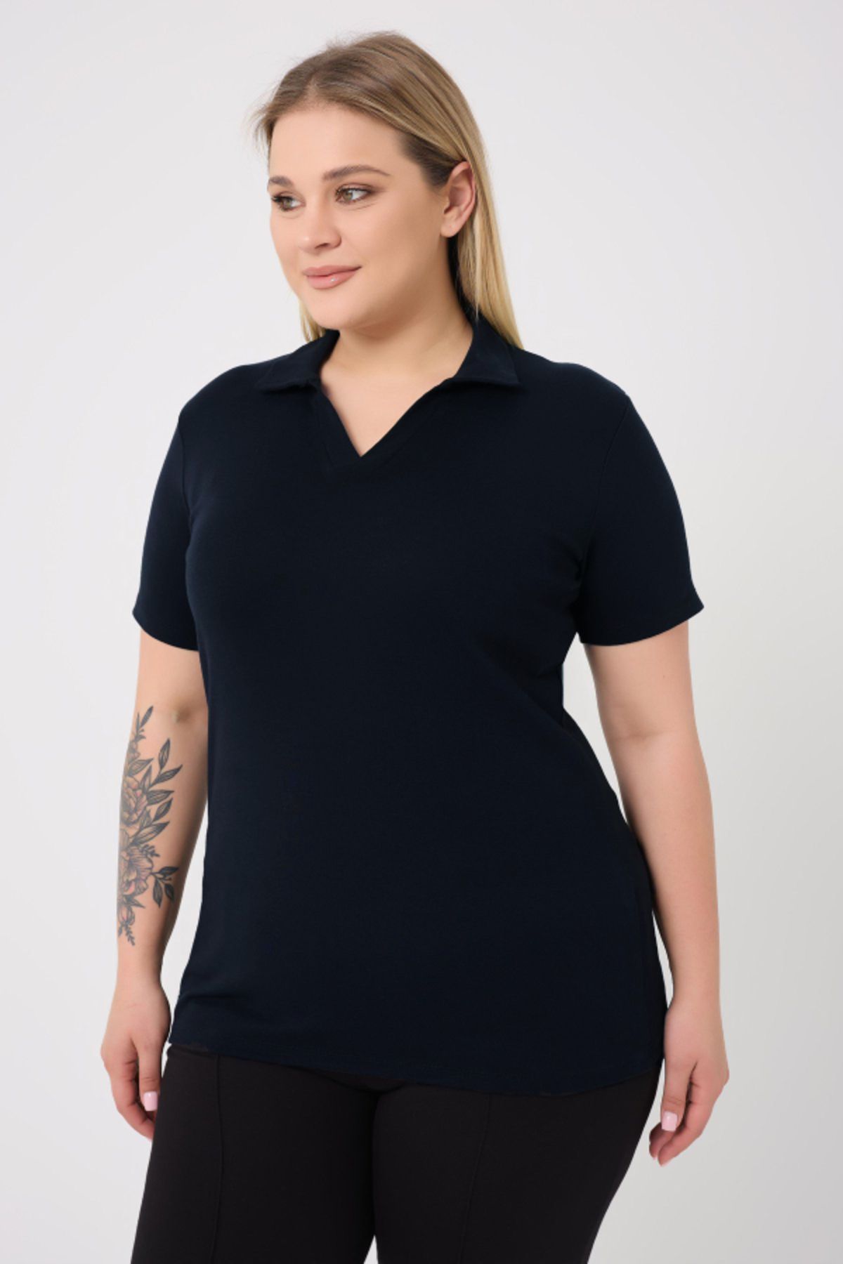 BANEGA-Bluză Curve Plus Size pentru femei, bumbac, lycra, cu decolteu în V, de bază, solidă, cu mânecă scurtă, albastru bleumarin 5