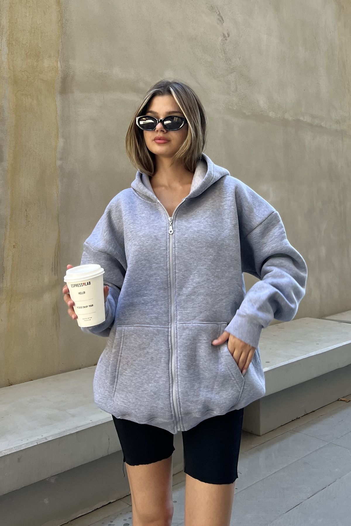 la & vetta  Gri Kapüşonlu Oversize Fermuarlı Şardonlu Sweatshirt - Görsel 3