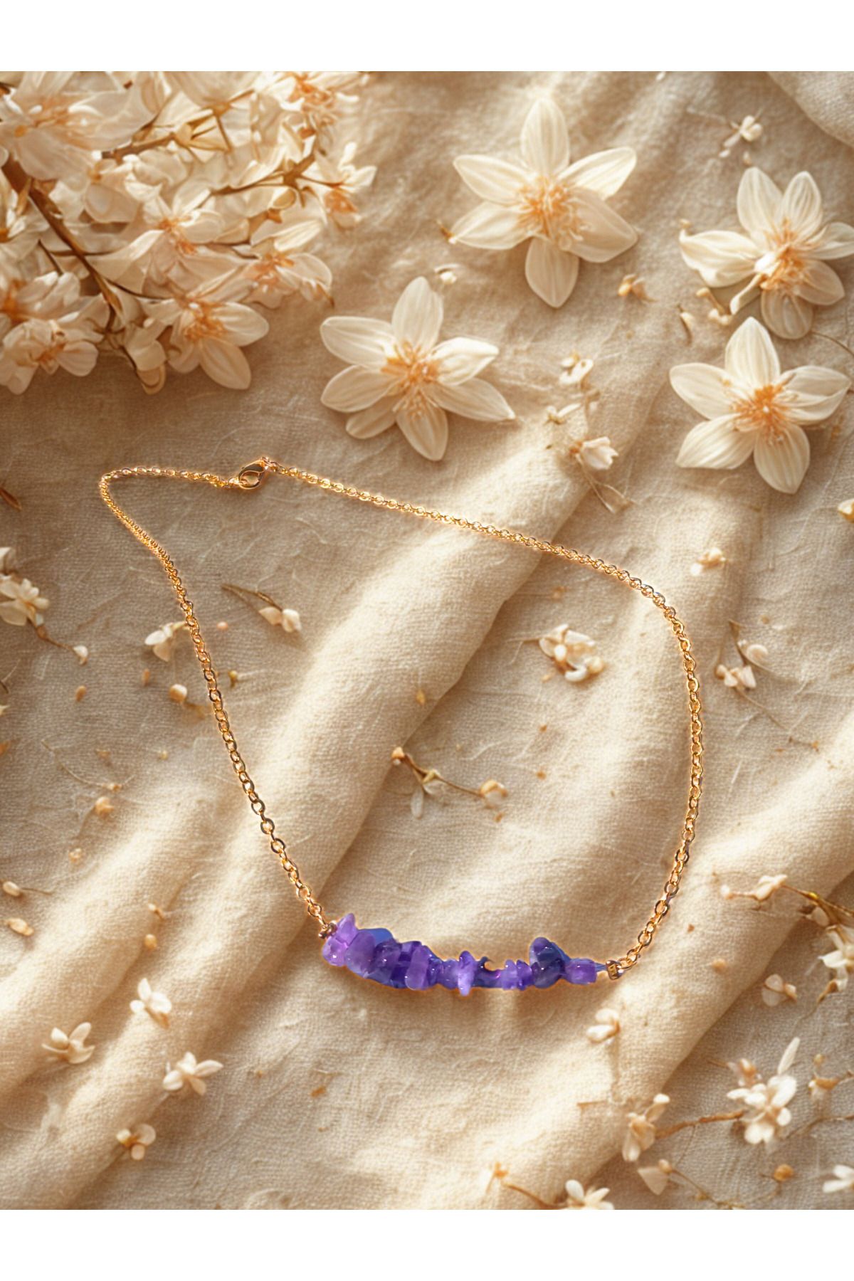 ayrestyle 45 cm Gold Renk İnce Zincirli Doğal Taş Kolye – Ametist, Lapis Lazuli, Sitrin
