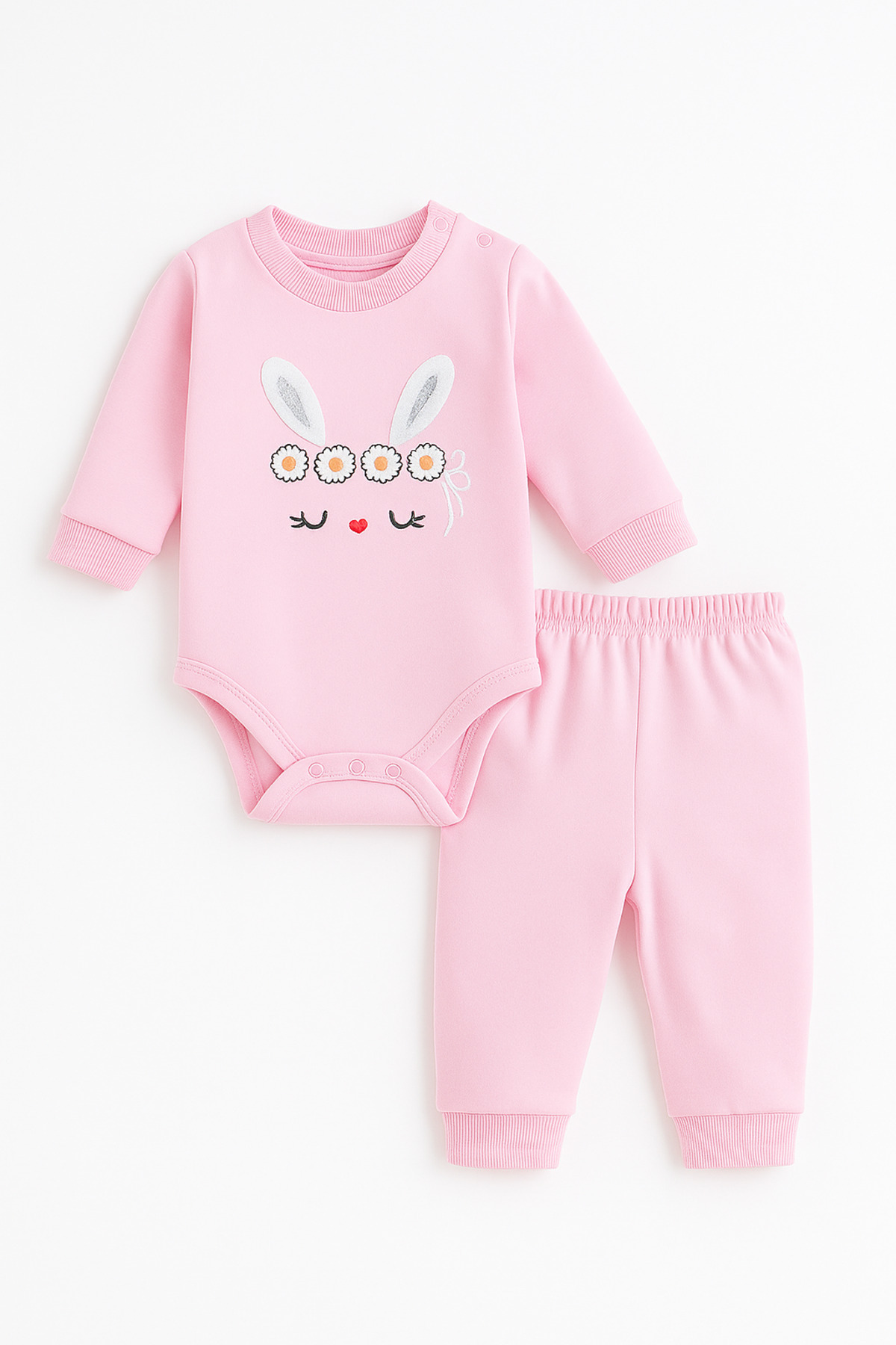 VEGAMOD Kız Bebek Kapüşonlu Tavşan Kulaklı Çizgili Tavşan Baskılı 3 Parça Zıbınlı Şirin Kız Takım Pembe fotoğrafı 3 (önizleme)