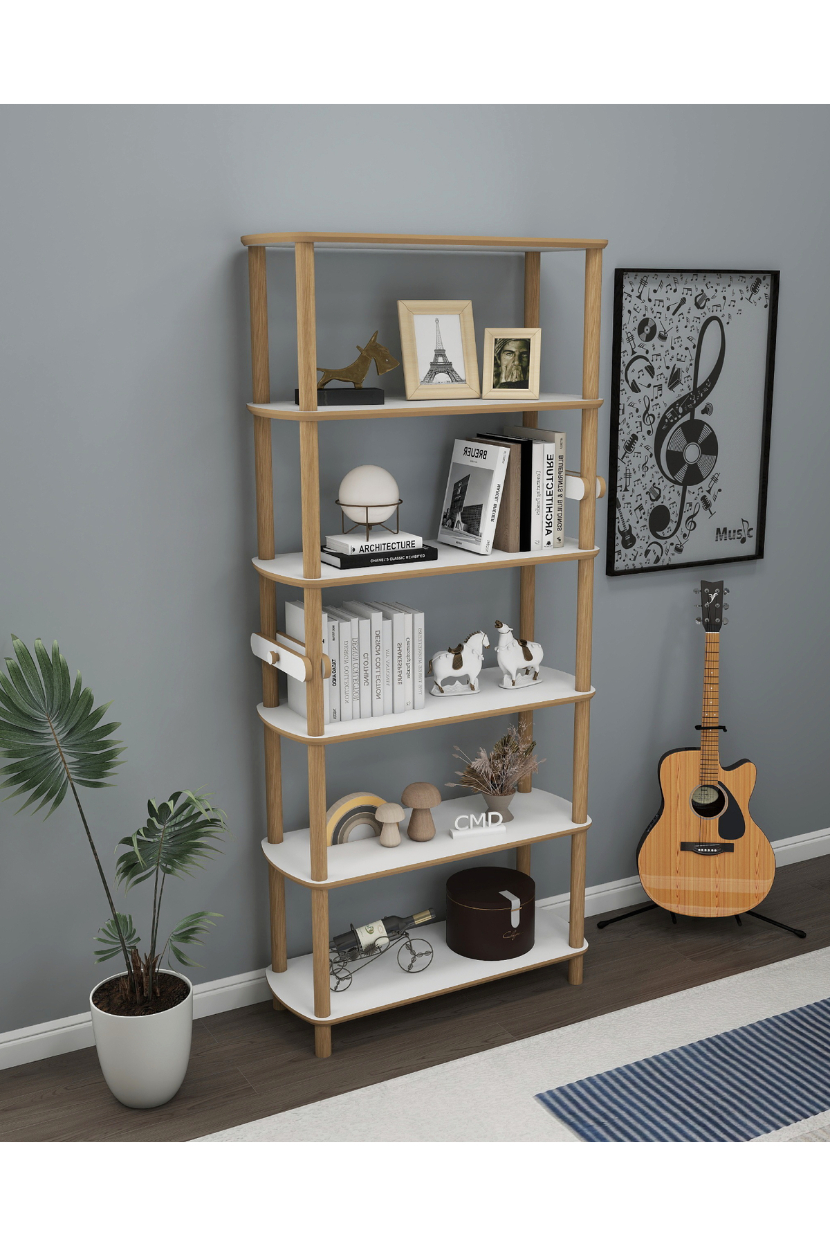 White Bookshelf ROSA with 6 Shelves – Minimalist MDF & Wood Design – 174x80x30 cm
