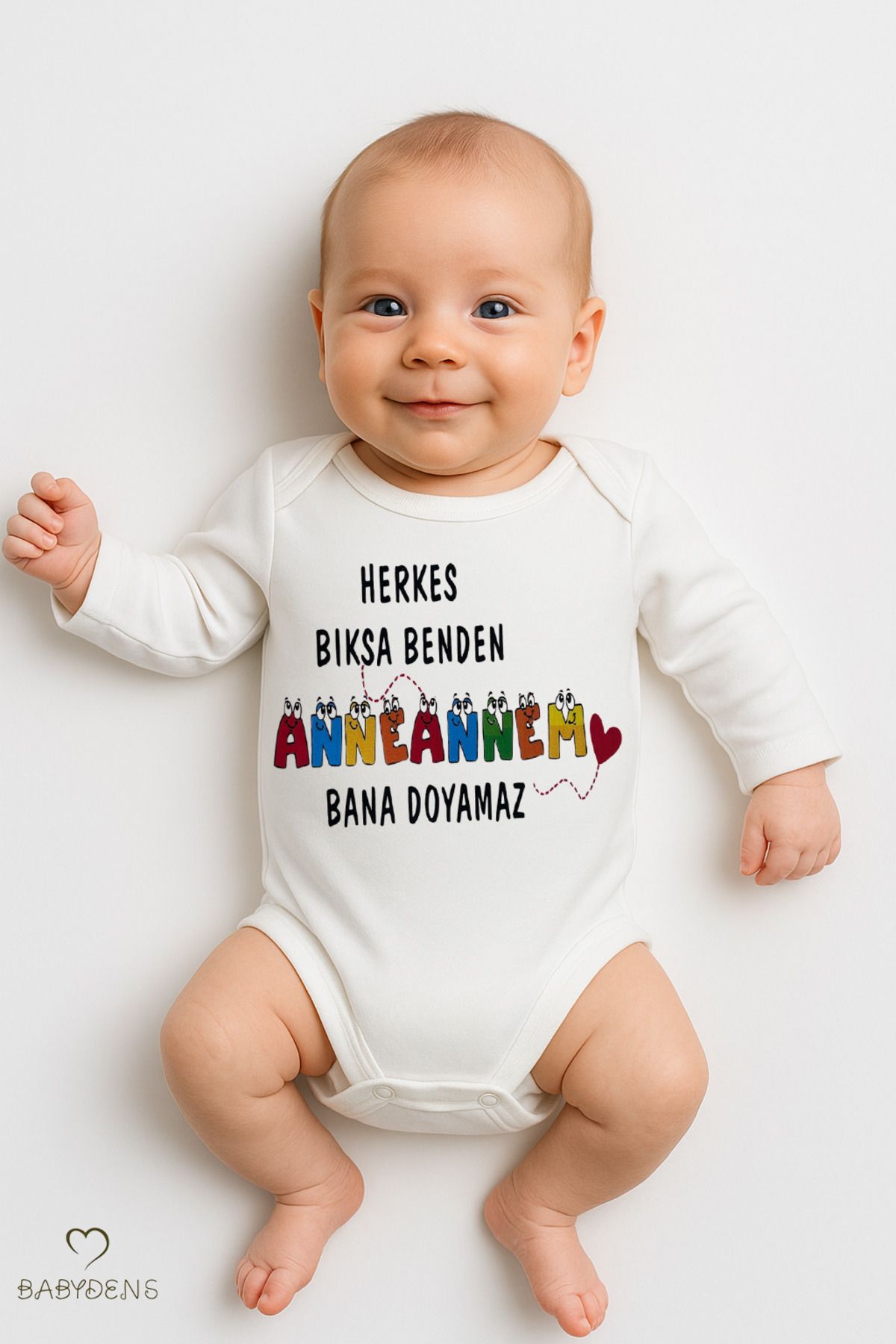 BABYDEN'S “Herkes Bıksa Benden Anneannem Bana Doyamaz” Yazılı Uzun Kollu Bebek Body %100 Pamuk Çıtçıtlı Zıbın