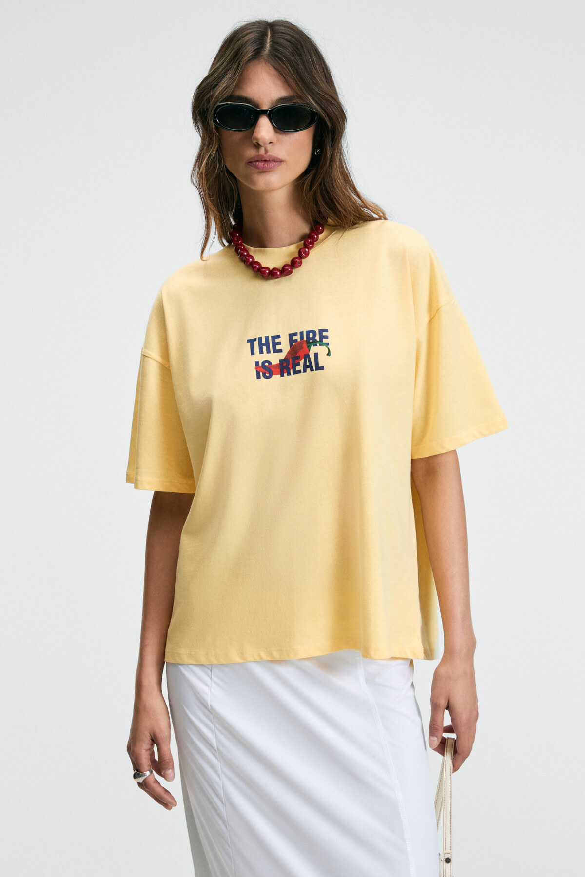 GRIMELANGE  CASSIANE Kadın Bisiklet Yaka Kısa Kollu Ön Ve Arka Baskılı Regular Sarı T-Shirt - Görsel 2