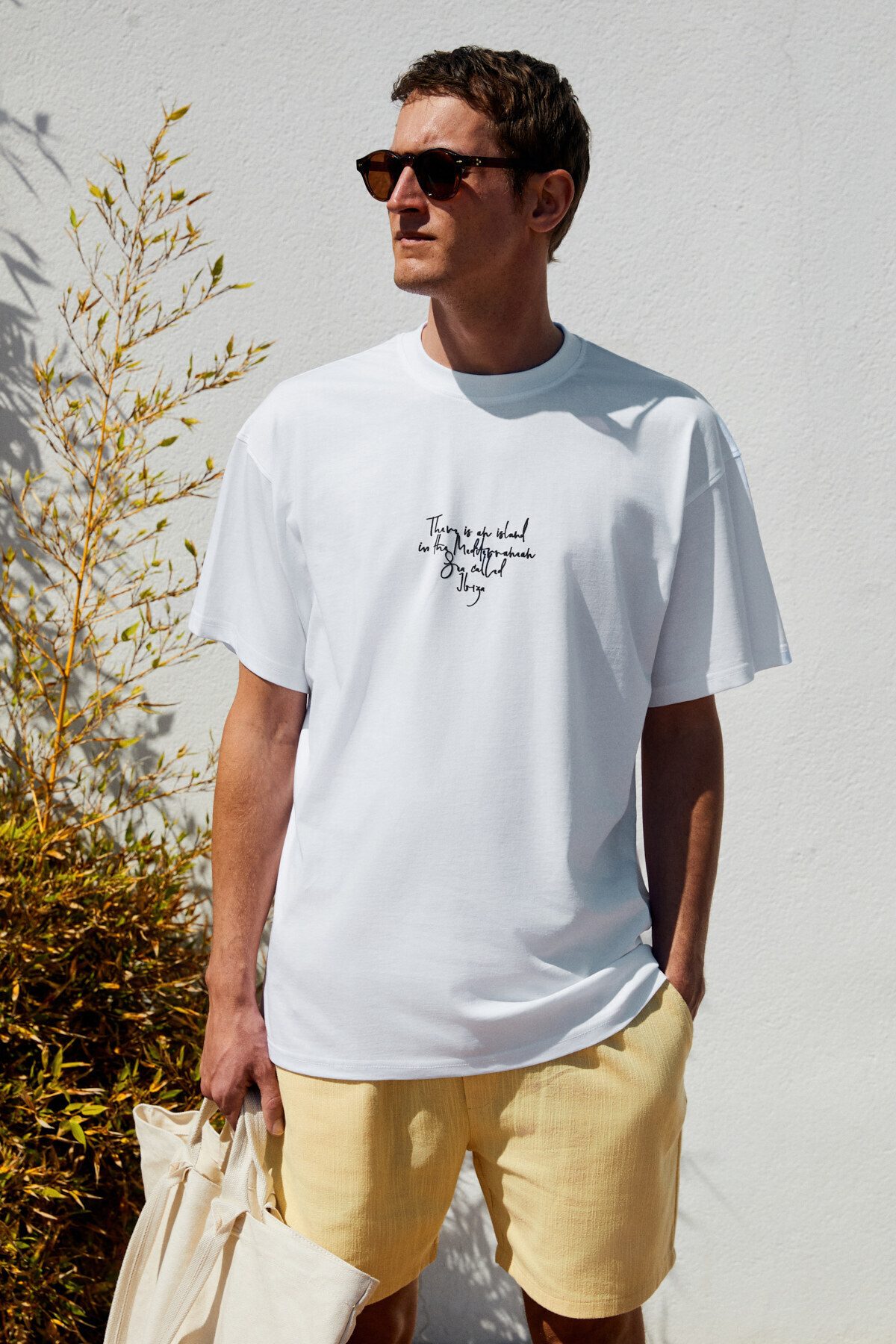 GRIMELANGE ITALIA Erkek %100 Organik Pamuk Ön Arka Baskı Detaylı Oversize Kısa Kol Beyaz T-Shirt görsel 5