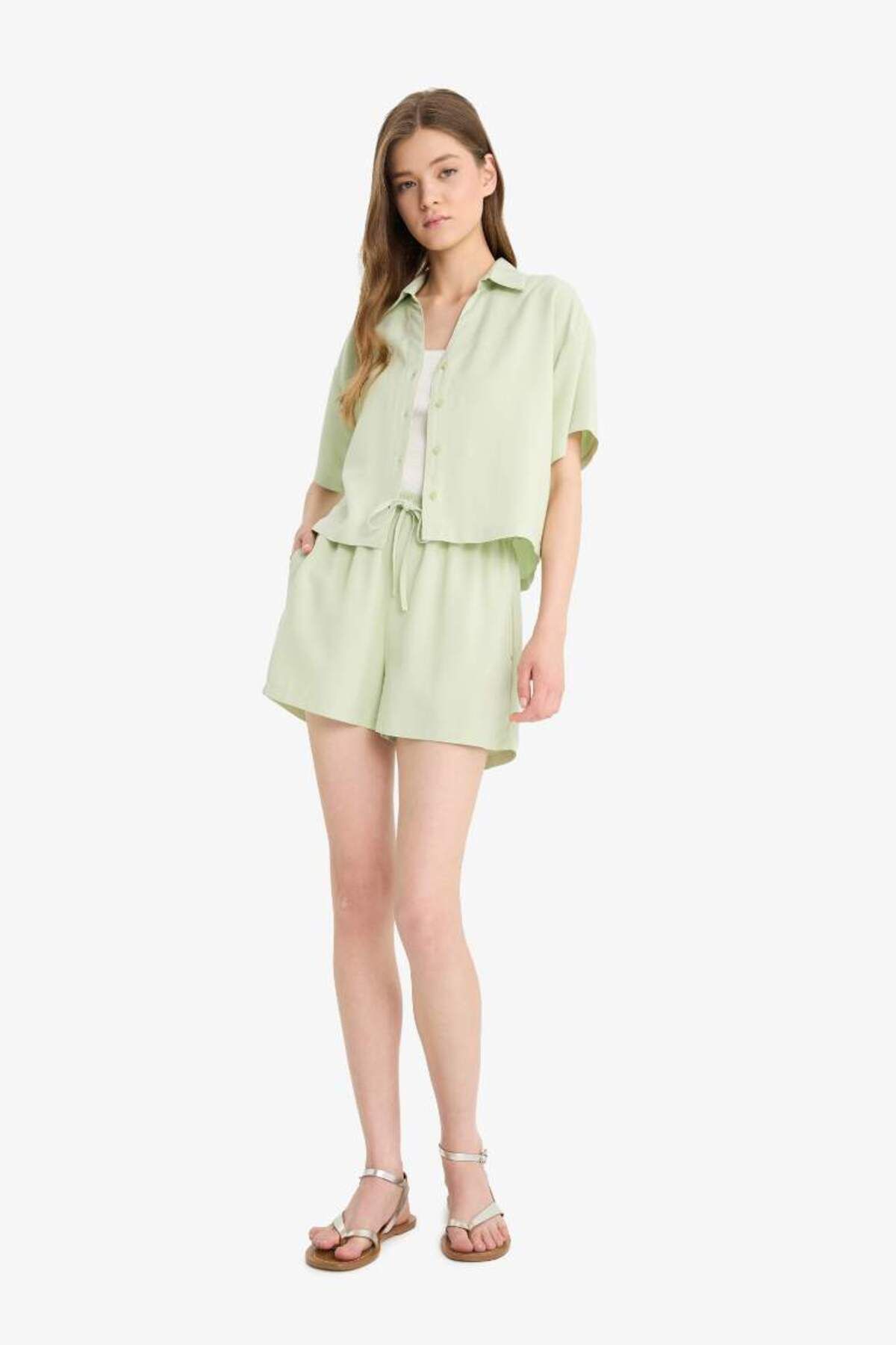 DeFacto-Regular Stretchy Waisted Linen Blend Shorts with Pockets F3181Ax25Sm 4