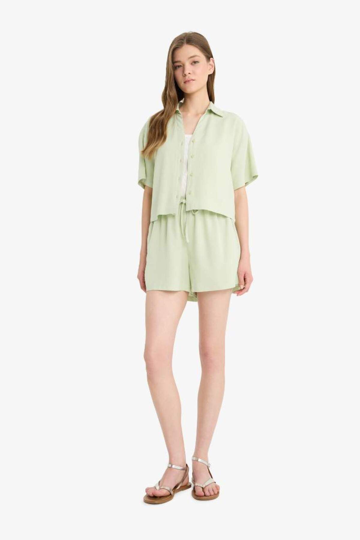 DeFacto-Regular Stretchy Waisted Linen Blend Shorts with Pockets F3181Ax25Sm 2