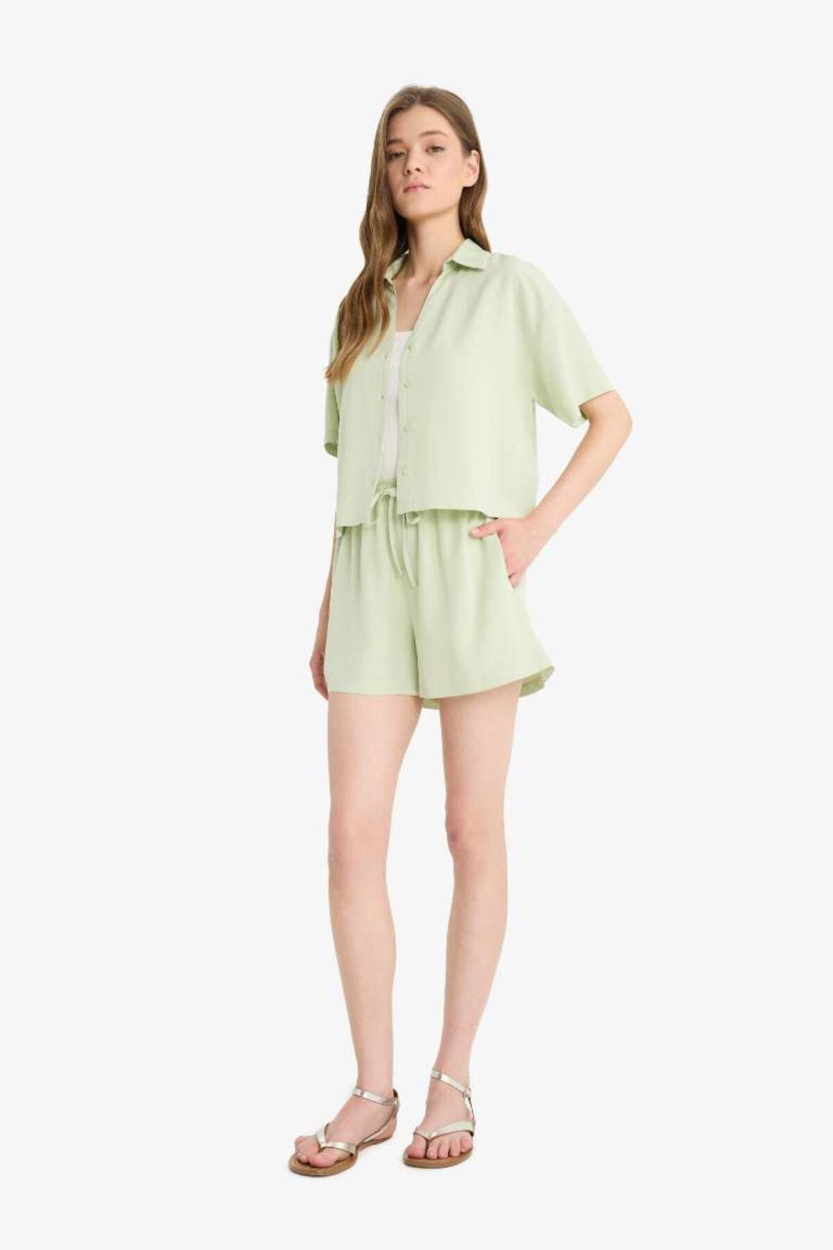 DeFacto-Regular Stretchy Waisted Linen Blend Shorts with Pockets F3181Ax25Sm 3