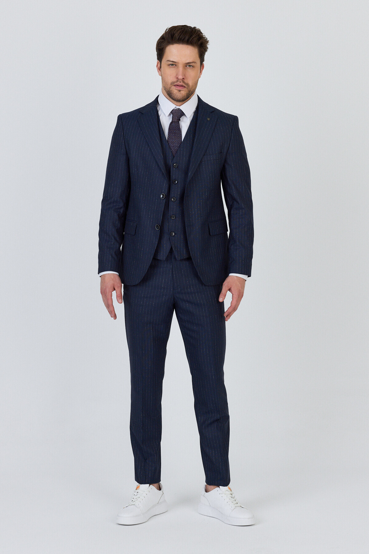 Frappoli Ateca Erkek Lacivert İtalyan Çizgili Ceket+Pantolon+Yelekli Slim Fit Takim Elbise görsel 3