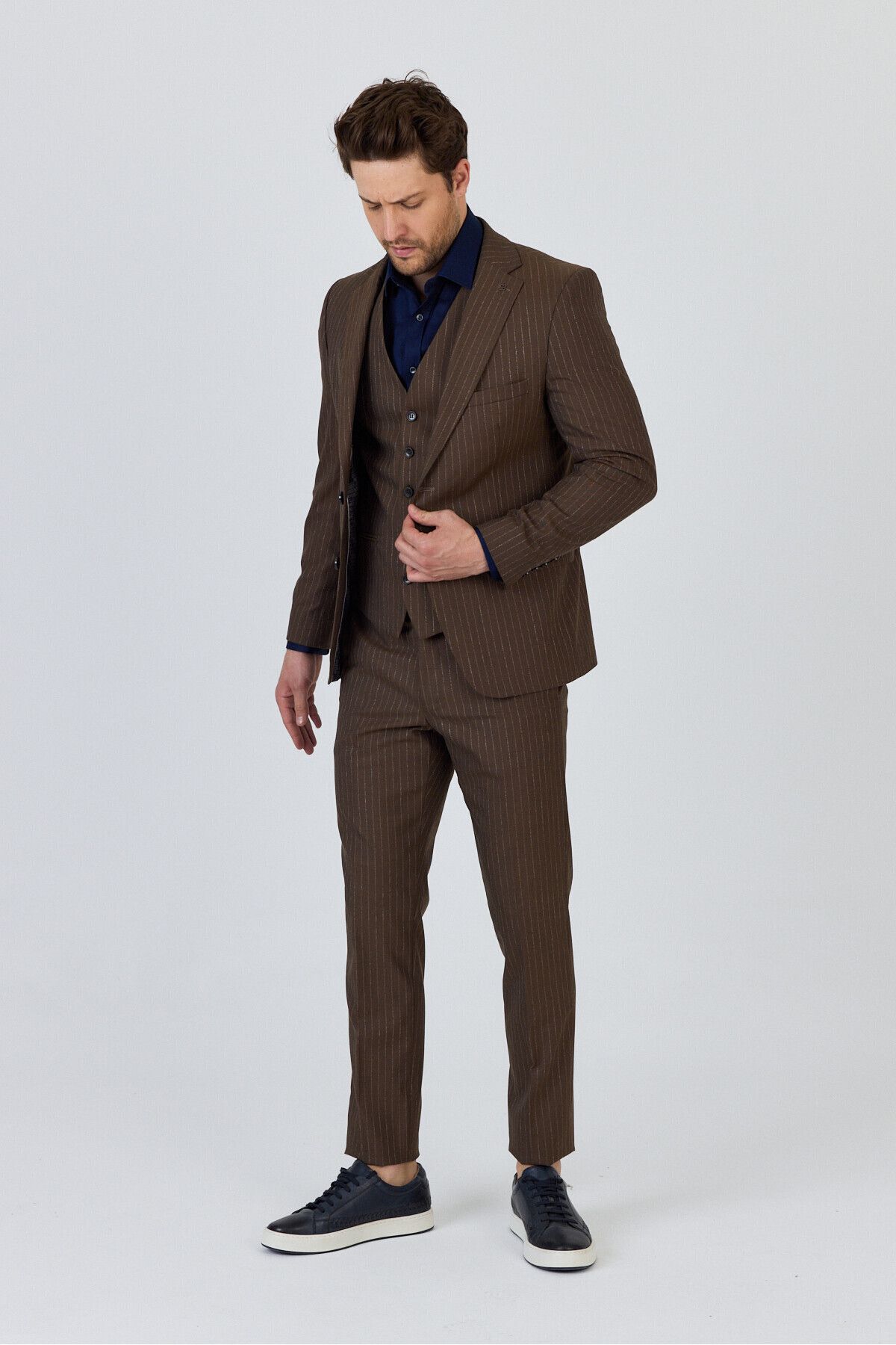 Frappoli-Ateca Men's Mustard Italian Striped Jacket+Pants+Vest Slim Fit Suit 5