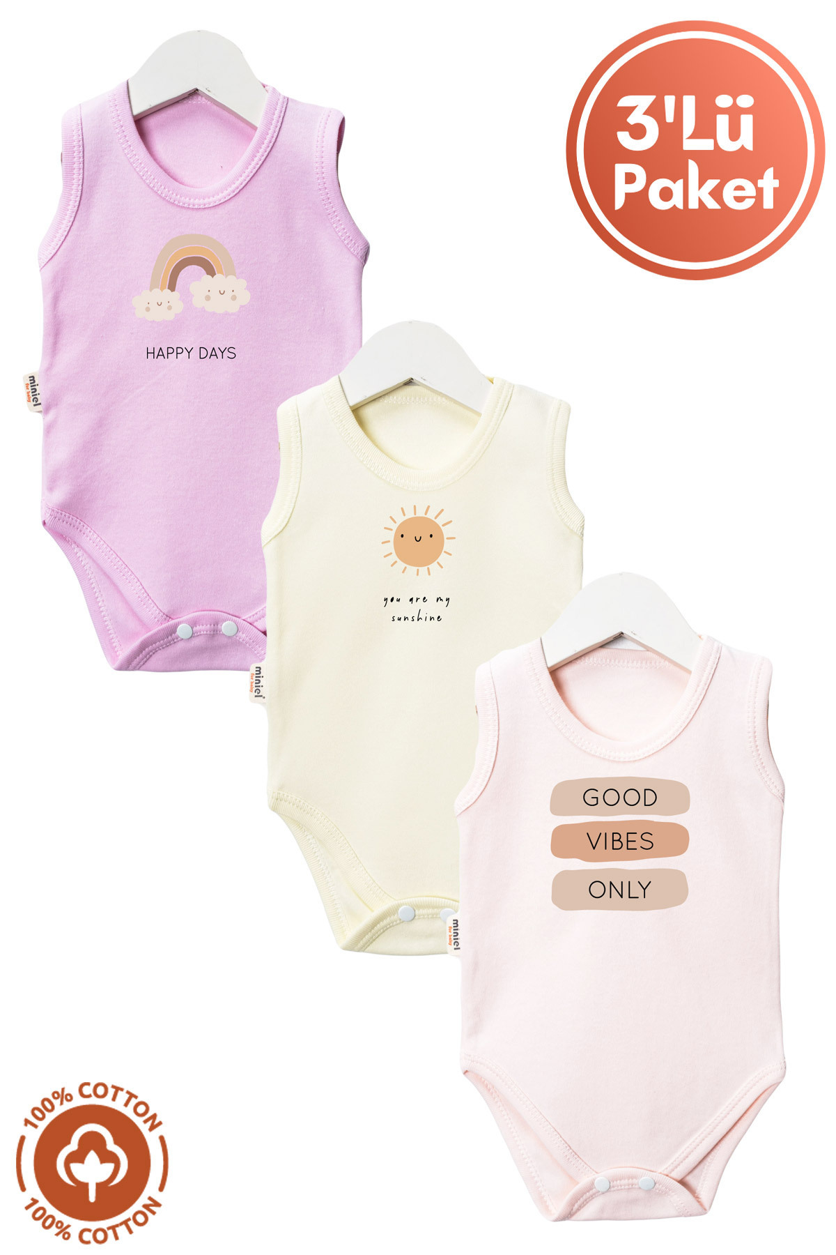 miniel organic Unisex %100 Organik Pamuklu Good Vibes Baskılı 3-6-9-12 Ay 3Lü Kolsuz Atlet Bebek Body Zıbın fotoğrafı 2 (önizleme)