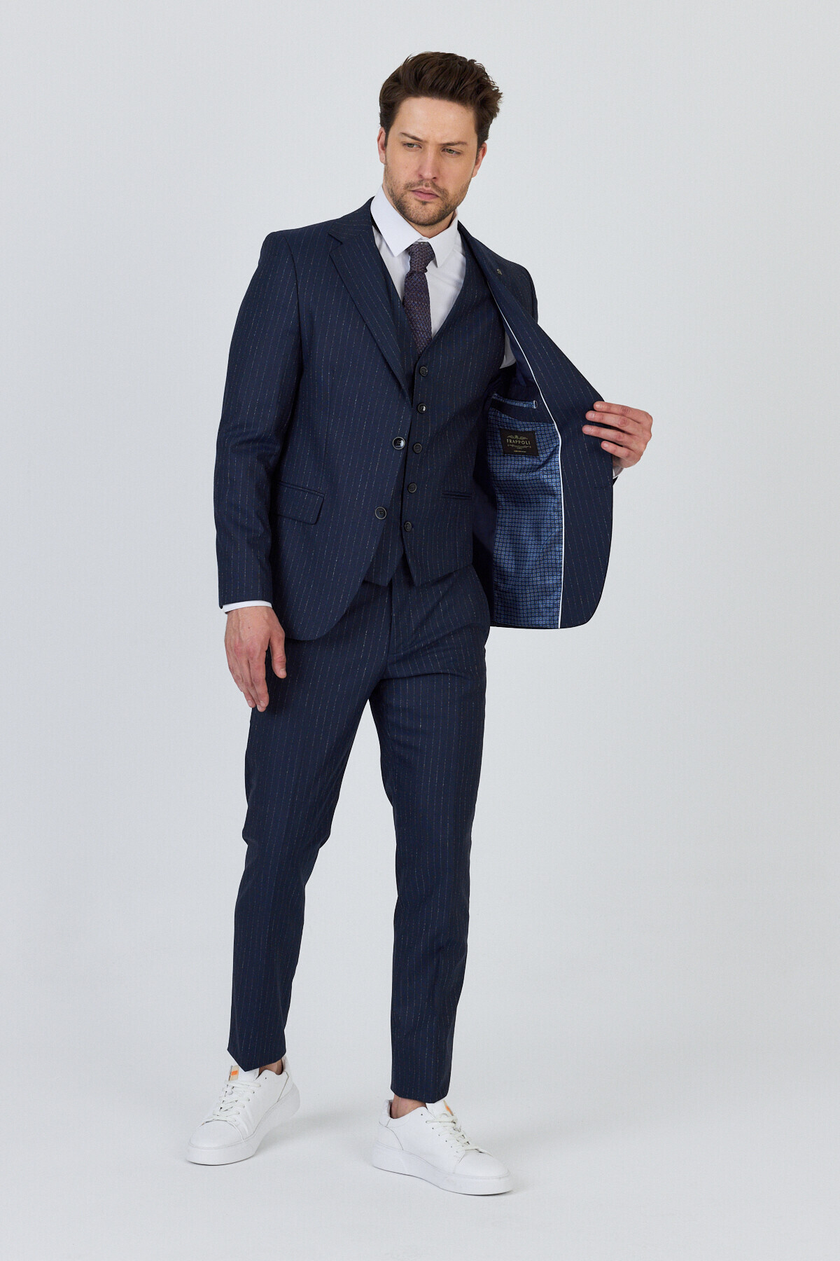 Frappoli Ateca Erkek Lacivert İtalyan Çizgili Ceket+Pantolon+Yelekli Slim Fit Takim Elbise görsel 4