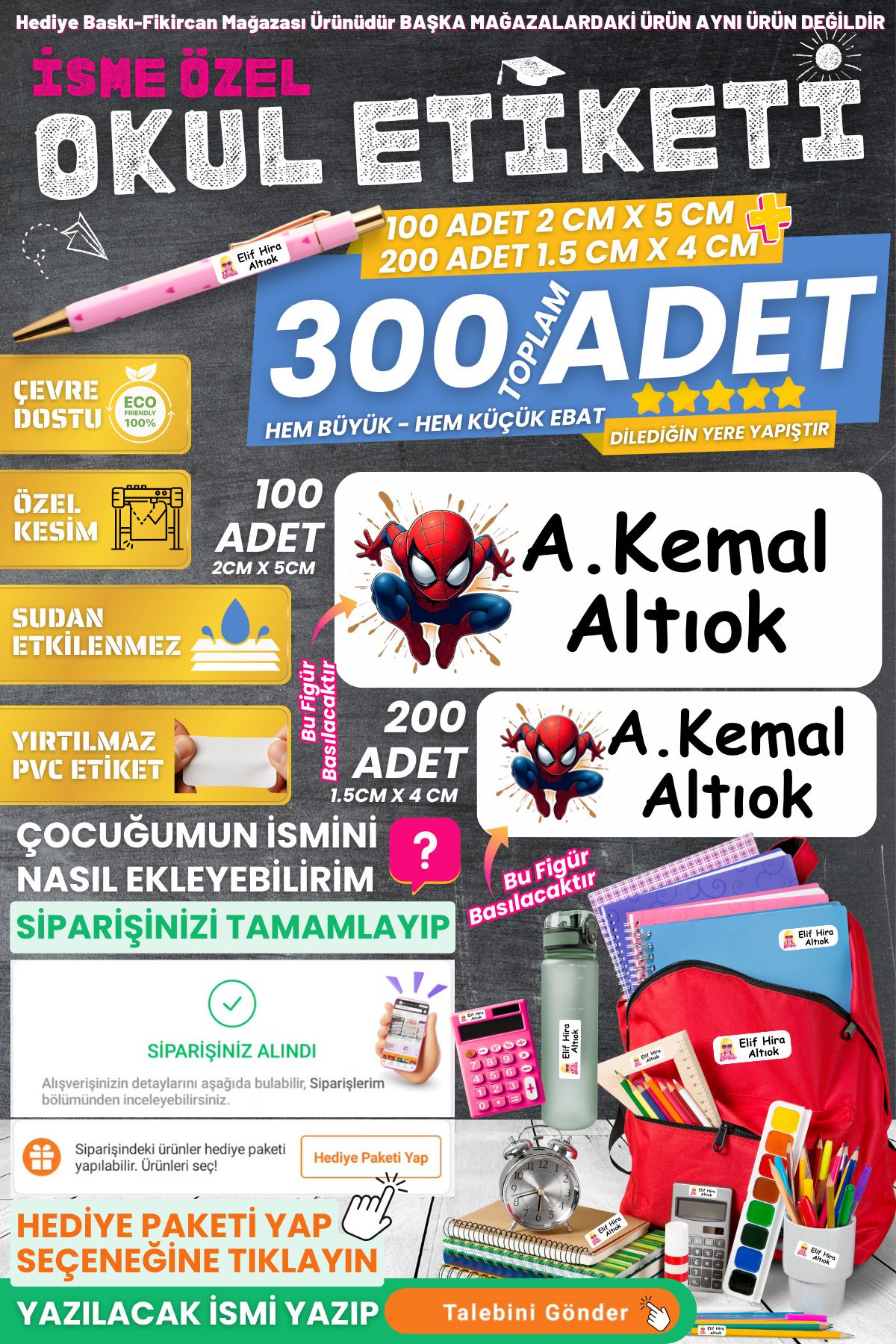 FİKİRCAN Fikircan-İsme Özel Okul Etiket Seti - ÖRÜMCEK ÇOCUK 300 Adet - Kokusuz Ekolojik Mürekkep PVC ETİKET