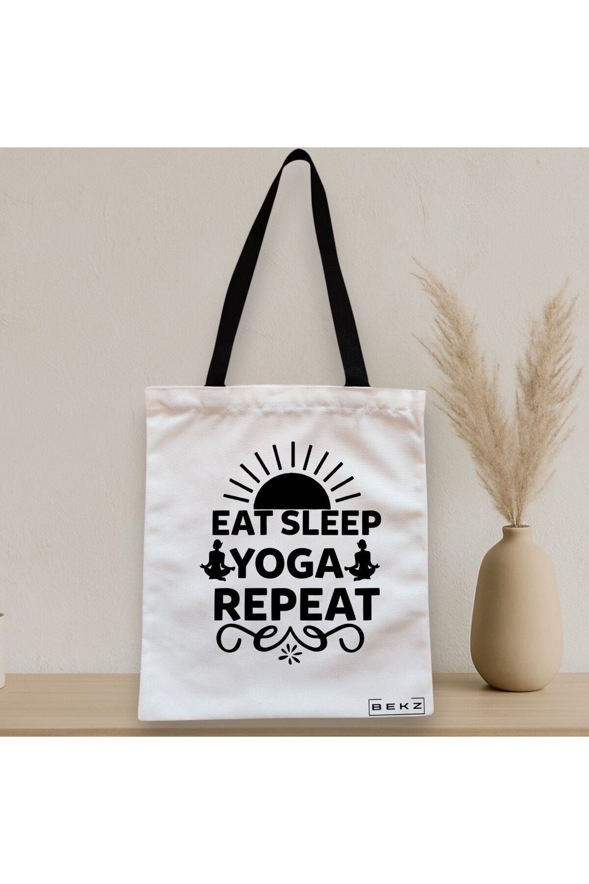 BEKZ-Textile Bag With Zipper, Tote Bag Yoga Eat Sleap Yoga Repeat, 38x34.5 Cm, ​​White, ® 1