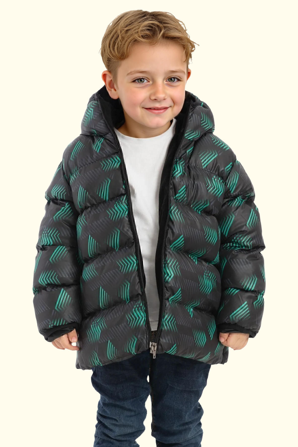  کاپشن زمستانی پفی کلاه دار ضد آب و باد، طرح دیجیتال مشکی و سبز پسرانه