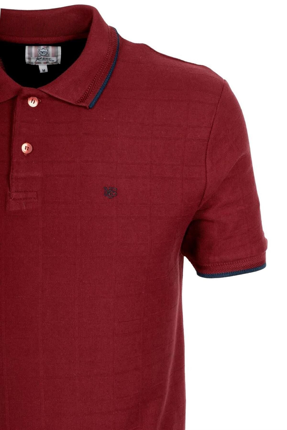 NCS-Men's Polo Neck T-Shirt Textured Claret Red 100% Cotton Slim Fit T-Shirt Jeans 1134 2