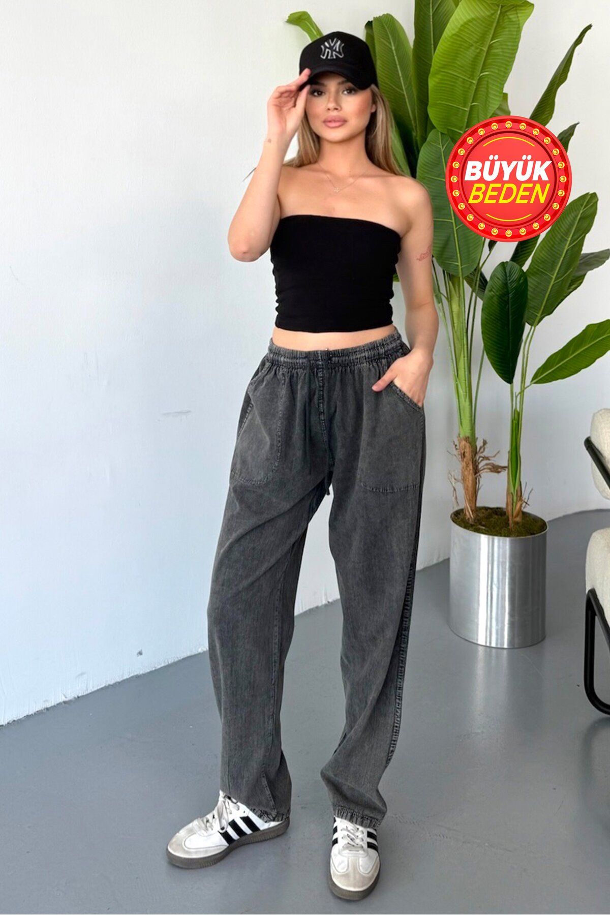 Dechers-Pantaloni de damă, mărime mare, cu talie înaltă, cu aspect de in, 100% bumbac W206 1