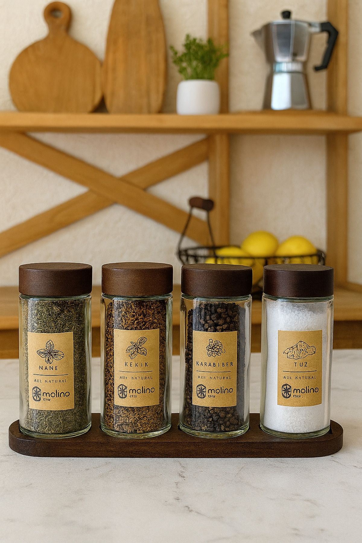 ENYAZA(2024)-Set of 4 Acacia Glass Spice Shakers with Lid and Stand - Salt Shaker and Pepper Shaker with Labels Spice Set 120 ml 3