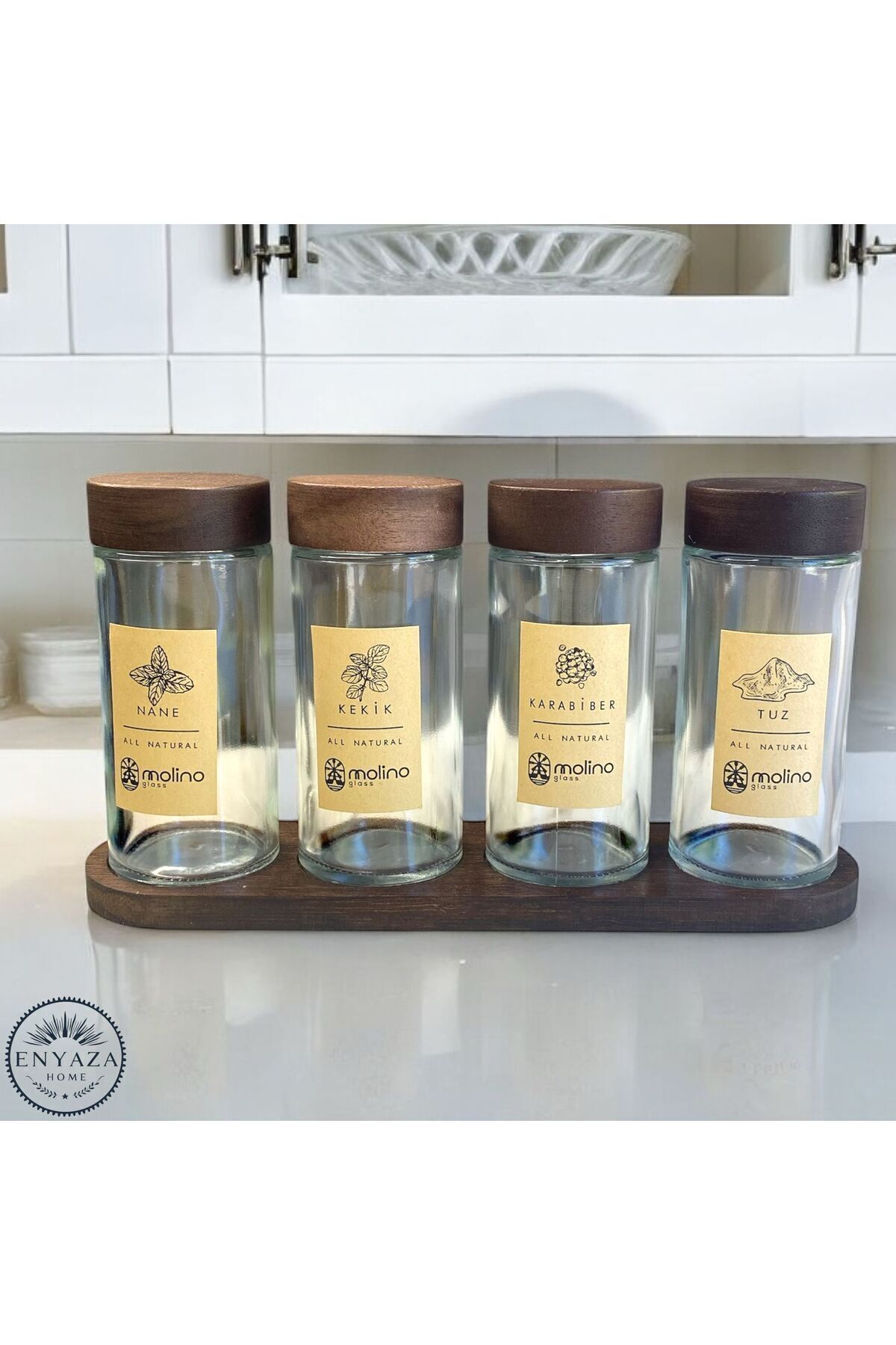 ENYAZA(2024)-Set of 4 Acacia Glass Spice Shakers with Lid and Stand - Salt Shaker and Pepper Shaker with Labels Spice Set 120 ml 5