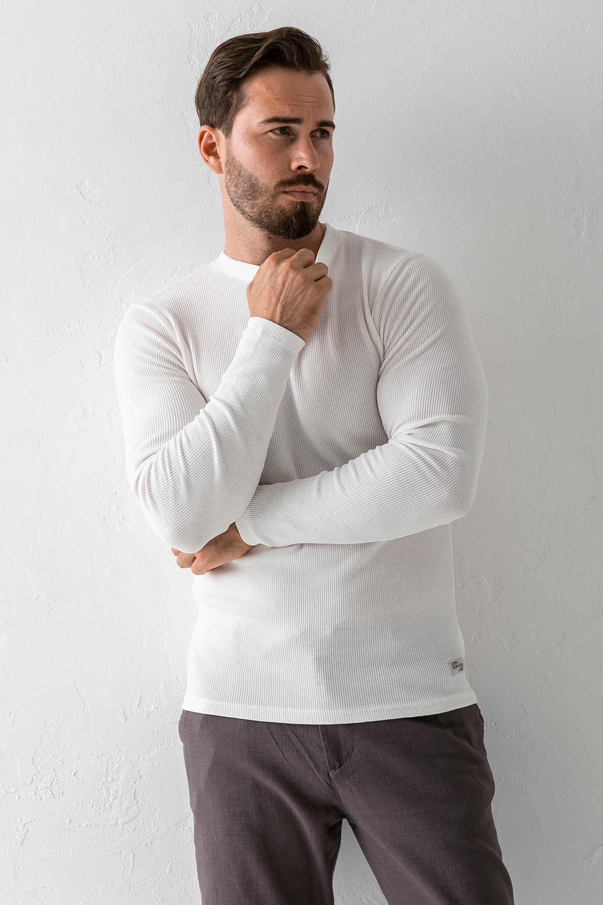 JB John Borners  Erkek Beyaz Bisiklet Yaka Slim Fit Esnek Waffle Kumaş Dokulu Uzun Kollu T-Shirt - 5073-2 - Görsel 5